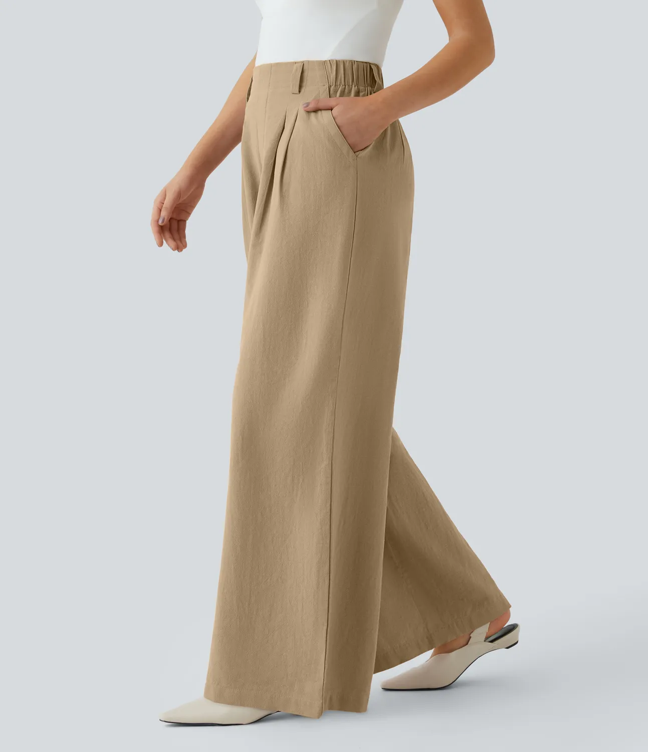 Halara Pantalón tiro alto bolsillo lateral plisado pierna ancha - Curds & Whey - XL(regular) sold by Halara product image thumbnail 4