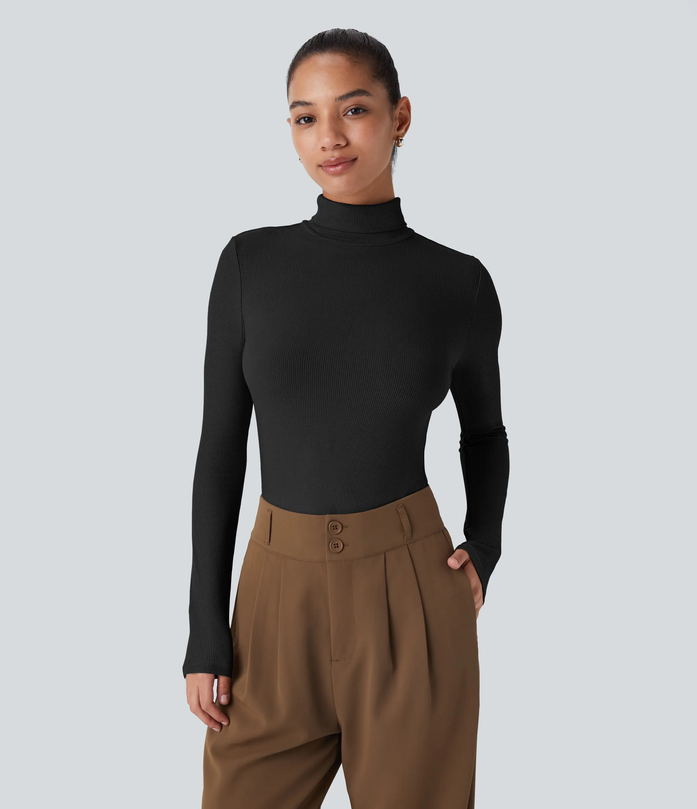 Halara Top casual de manga larga con cuello alto de punto acanalado - Black - XL sold by Halara product image thumbnail 2