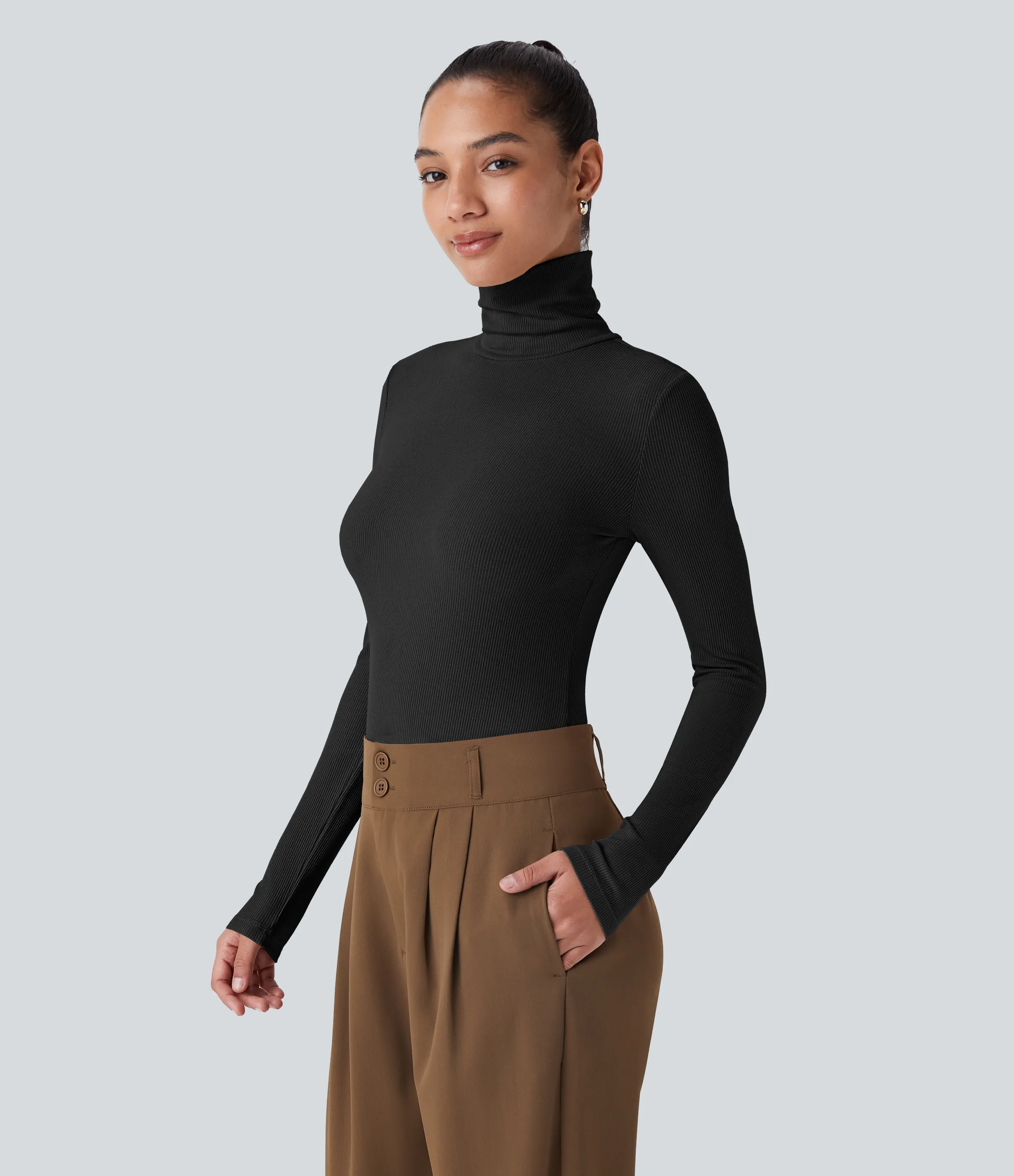 Halara Top casual de manga larga con cuello alto de punto acanalado - Black - XL sold by Halara product image thumbnail 4