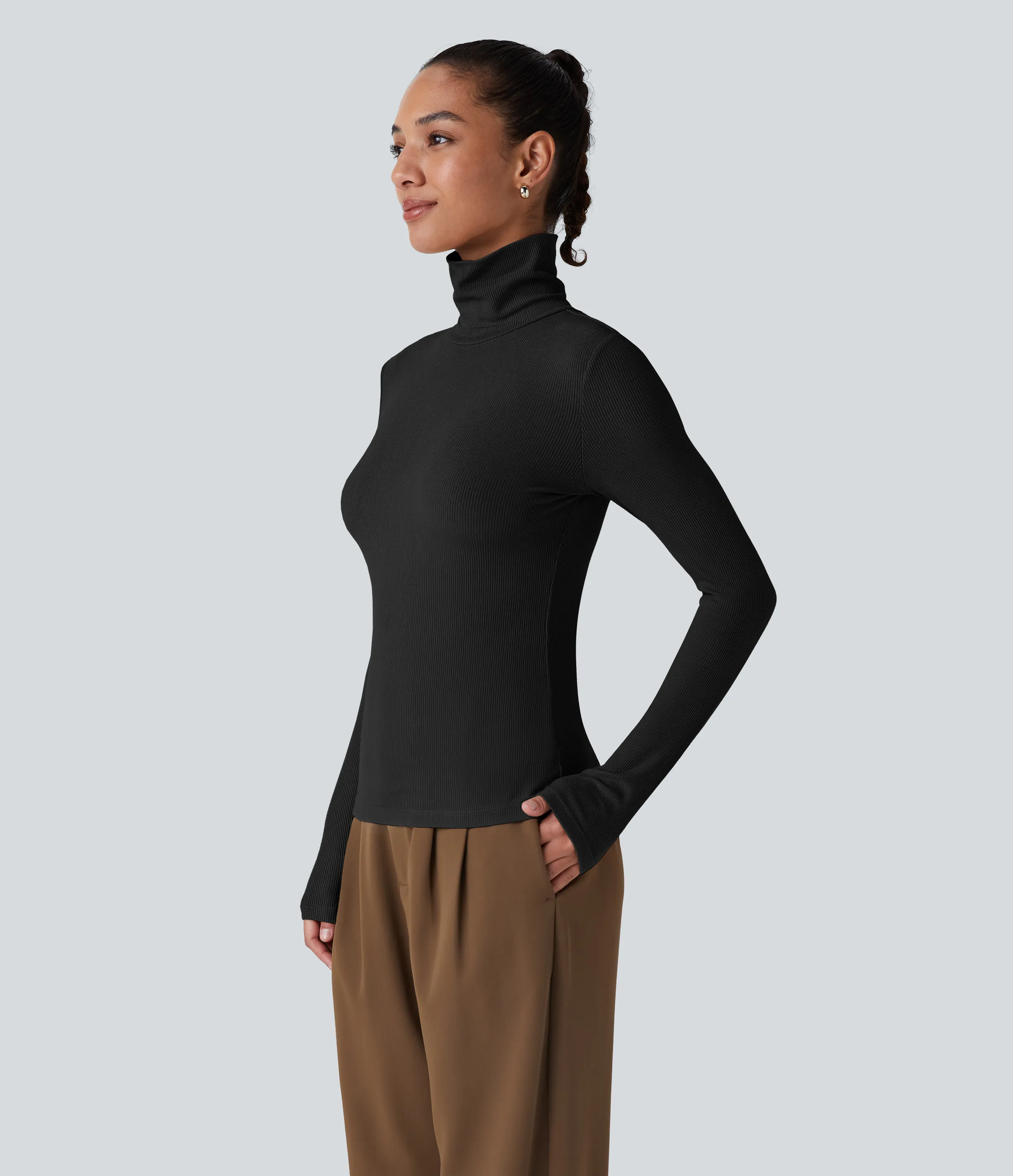 Halara Top casual de manga larga con cuello alto de punto acanalado - Black - XL sold by Halara product image thumbnail 5