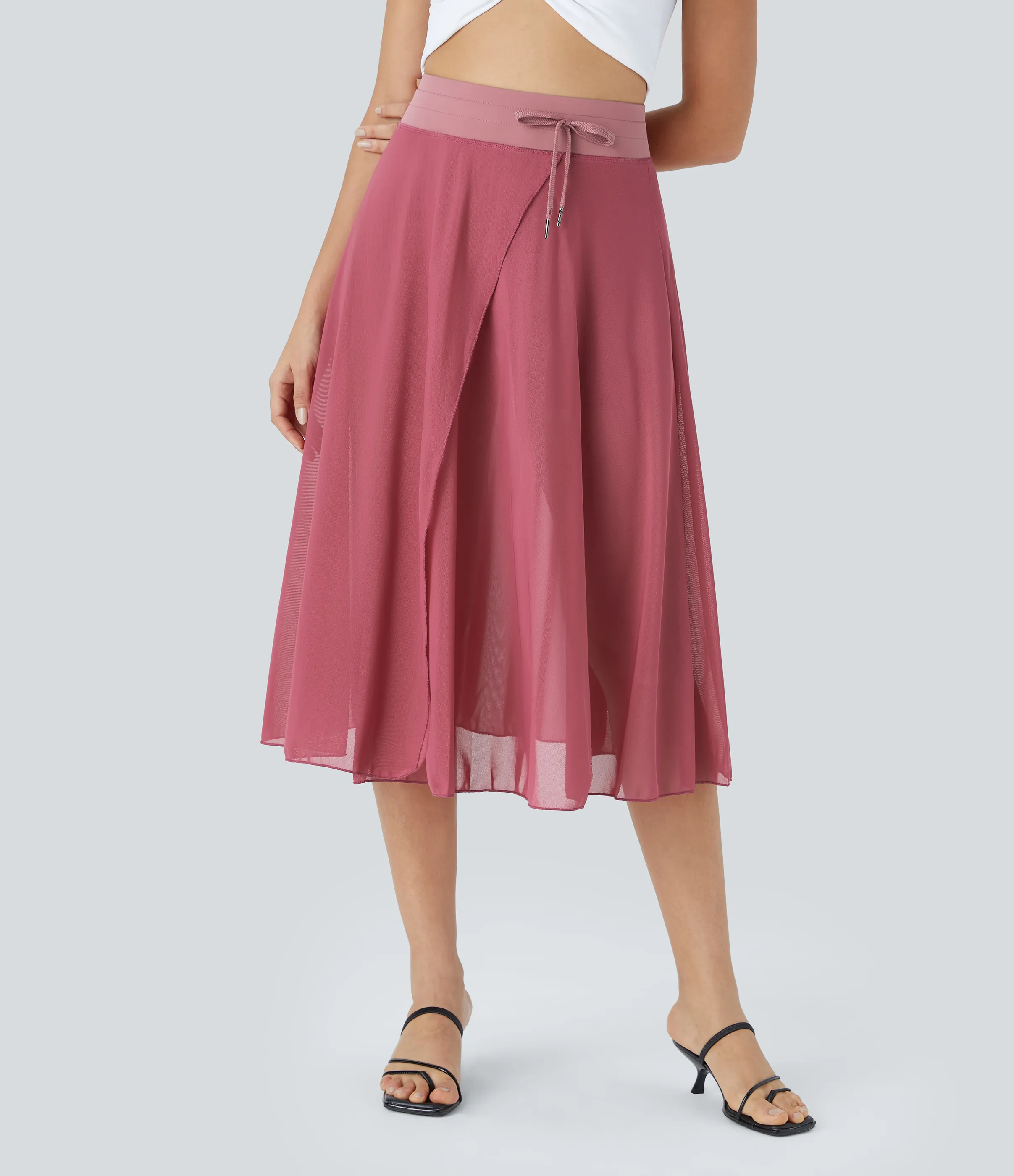 Halara Falda midi casual 2 en 1 acampanada con bolsillo lateral de tiro alto con cordón y malla en contraste - Baroque Rose - XL sold by Halara product image thumbnail 2