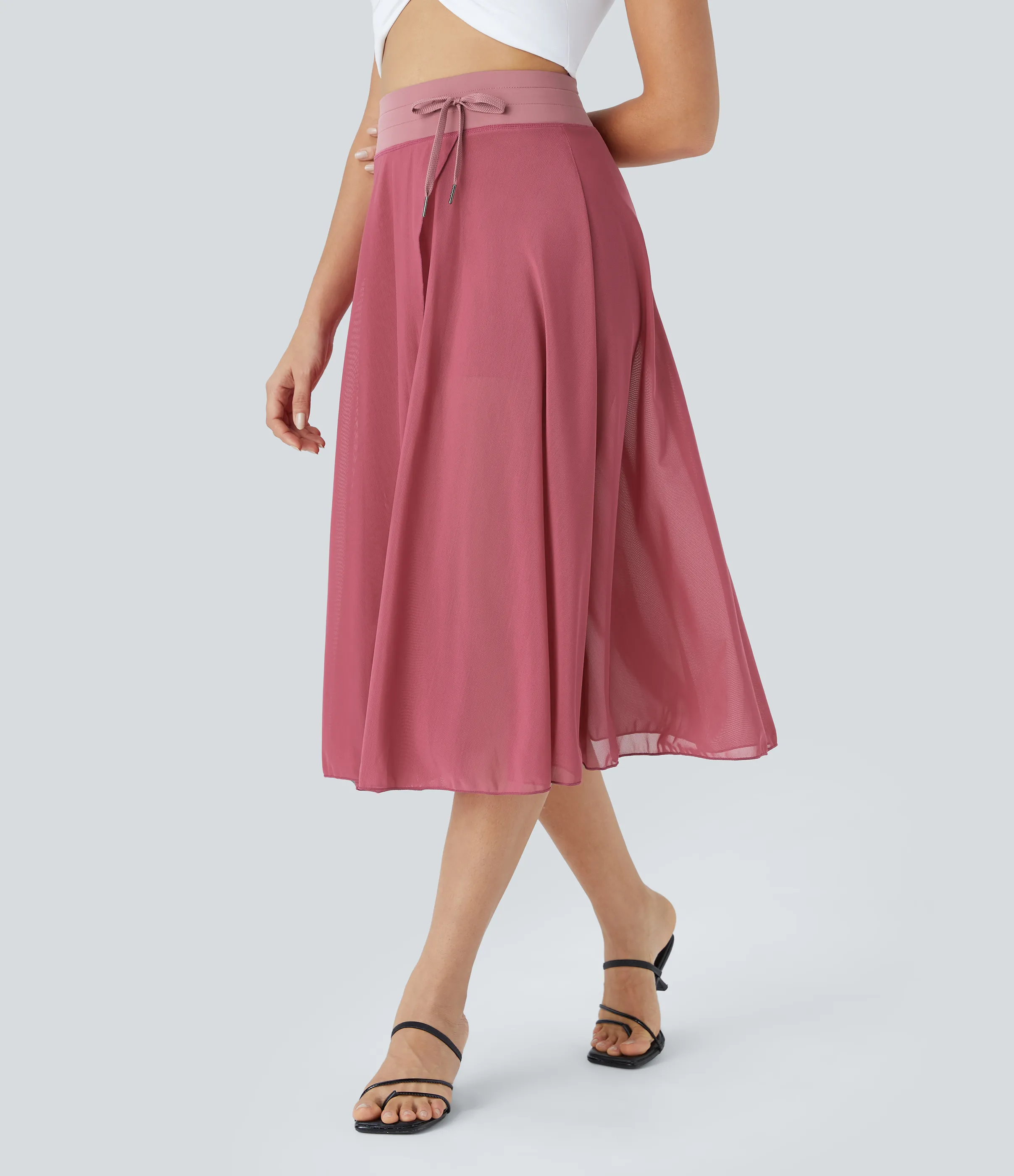 Halara Falda midi casual 2 en 1 acampanada con bolsillo lateral de tiro alto con cordón y malla en contraste - Baroque Rose - XL sold by Halara product image thumbnail 4