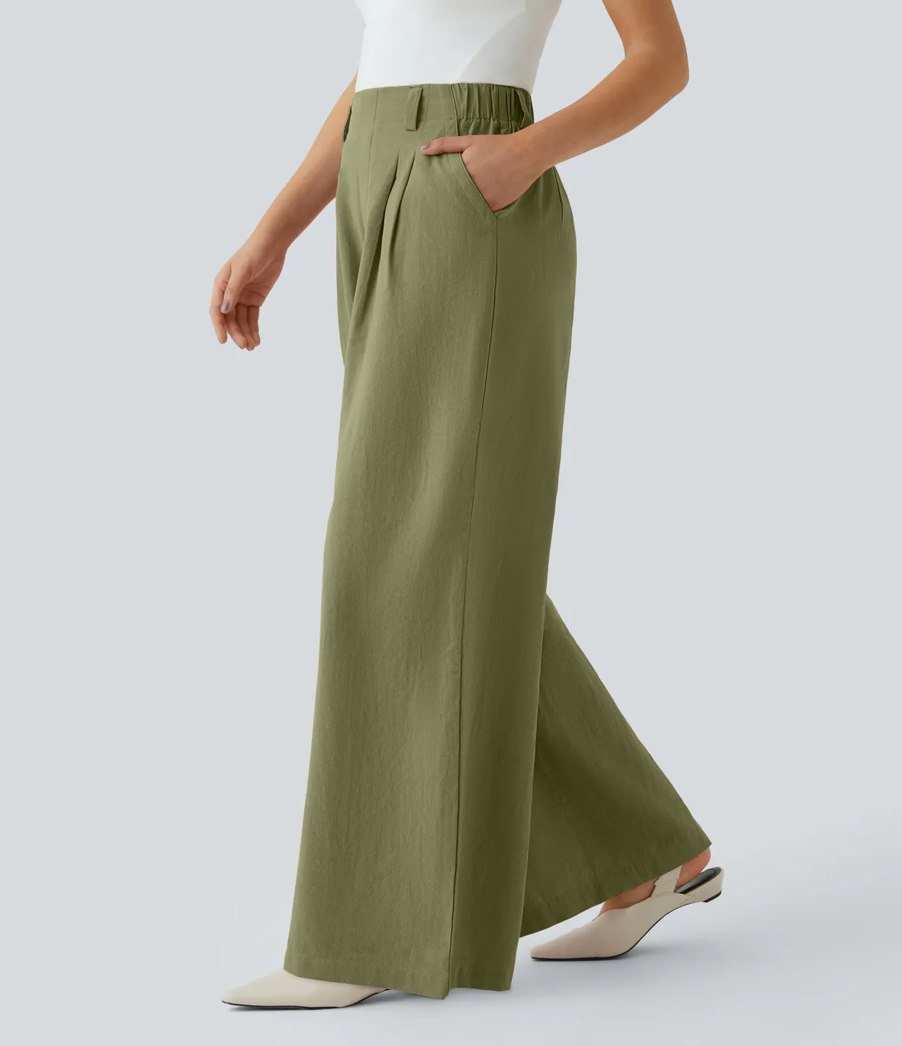 Halara Pantalón tiro alto bolsillo lateral plisado pierna ancha - Sphagnum - L(regular) sold by Halara product image thumbnail 4