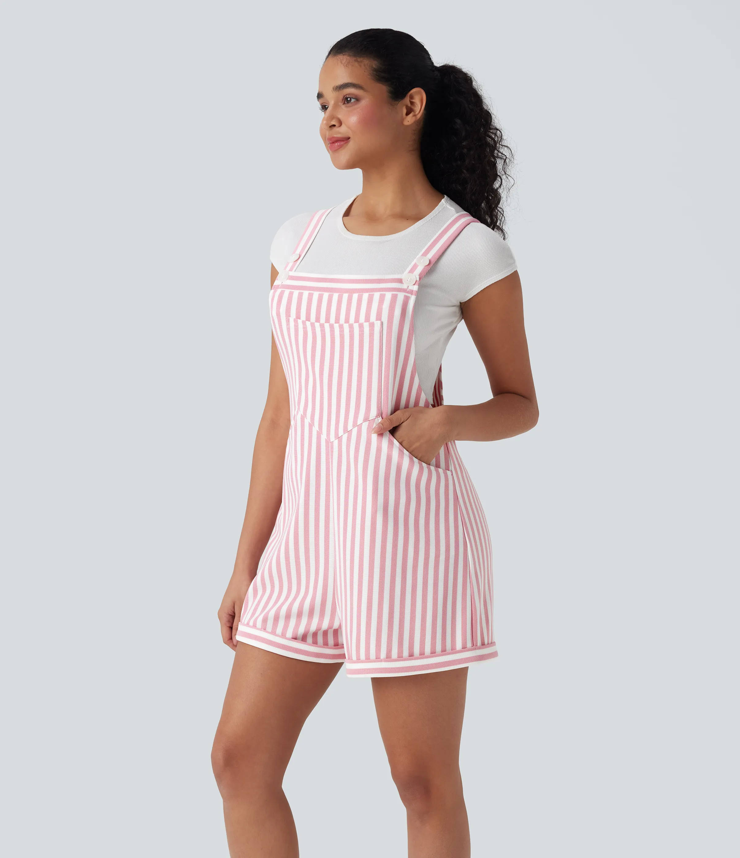 Halara Overol resort gofre raya múltiple bolsillo botón correa ajustable - Pink Stripe - XL sold by Halara product image thumbnail 4