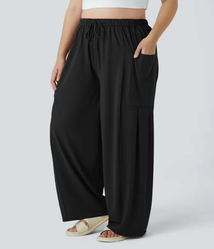 Halara Pantalones Palazzo fluidos de tiro medio con cintura elástica, cordón y bolsillos laterales en tallas grandes - Black - 3X(regular) made by Halara