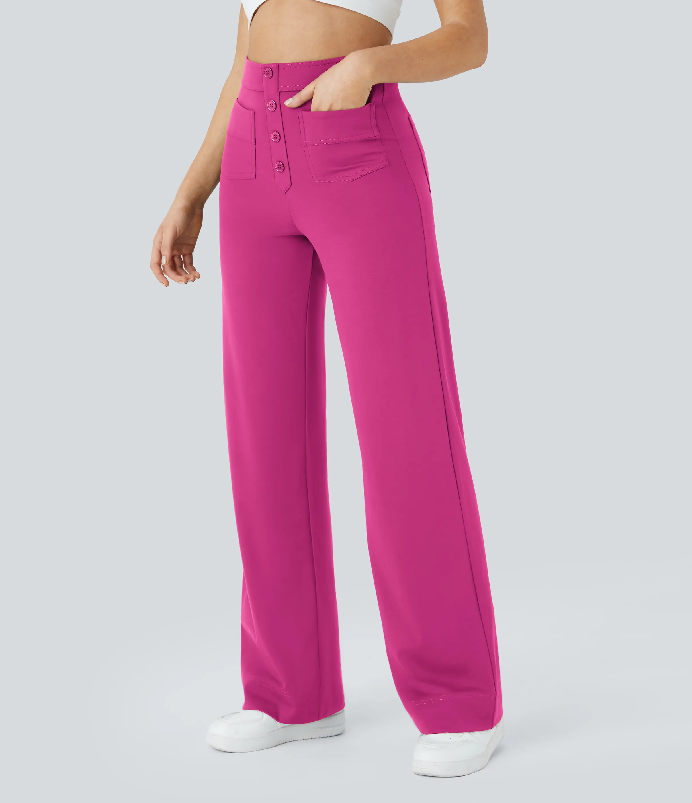 Halara Pantalones pierna recta múltiple bolsillo botón tiro alto - Raspberry Rose - M(regular) sold by Halara product image thumbnail 4