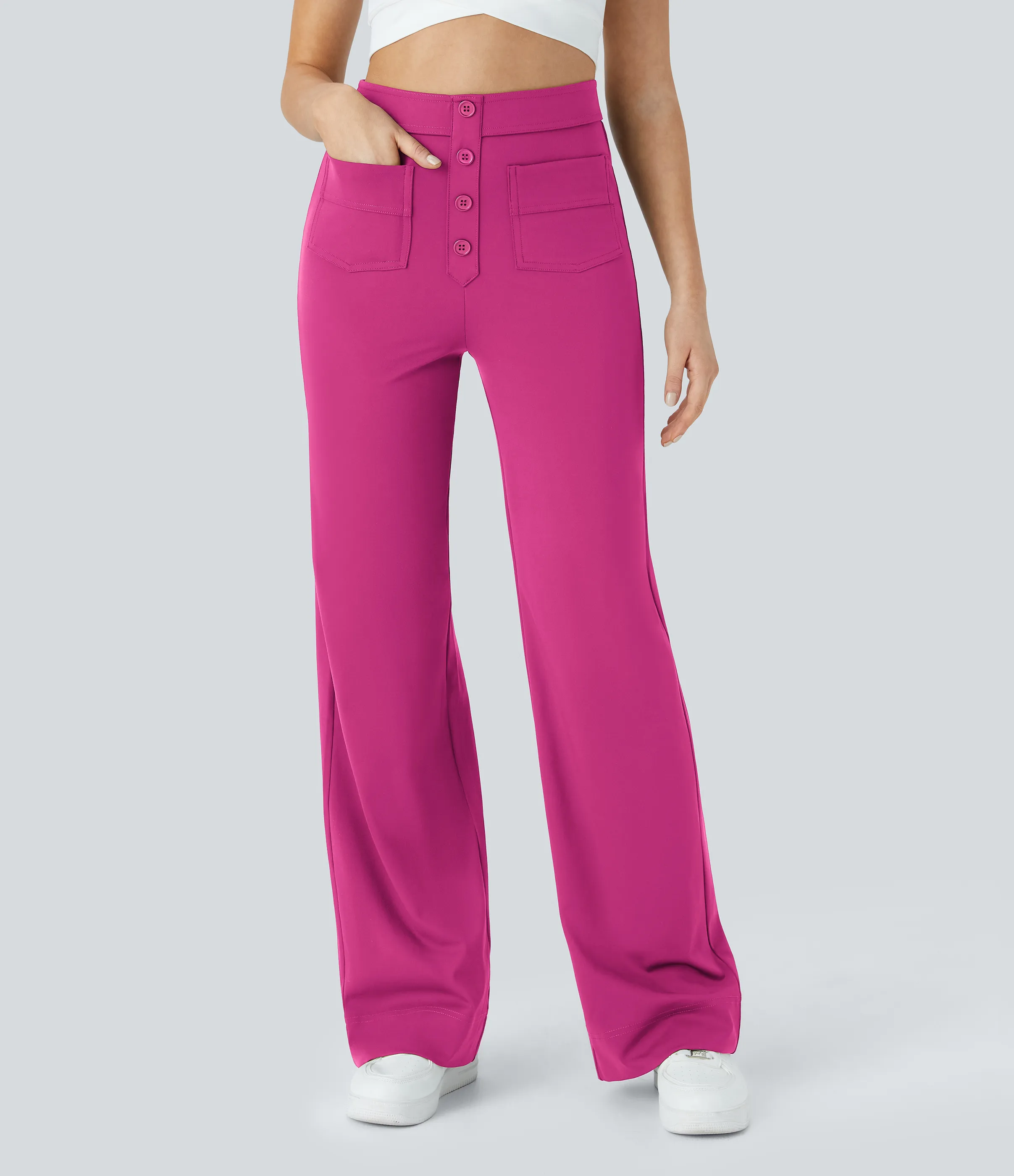 Halara Pantalones pierna recta múltiple bolsillo botón tiro alto - Raspberry Rose - M(regular) sold by Halara product image thumbnail 5