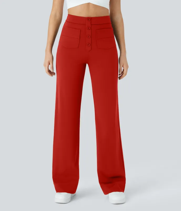 Halara Pantalones pierna recta múltiple bolsillo botón tiro alto - Valiant Poppy - L(petite) made by Halara