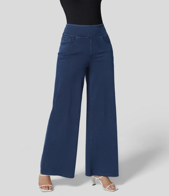 Halara Jeans Halara Flex™ Denim anchos elásticos de tiro alto y holgados con múltiples bolsillos - Washed Denim Navy Blue - S(petite) made by Halara