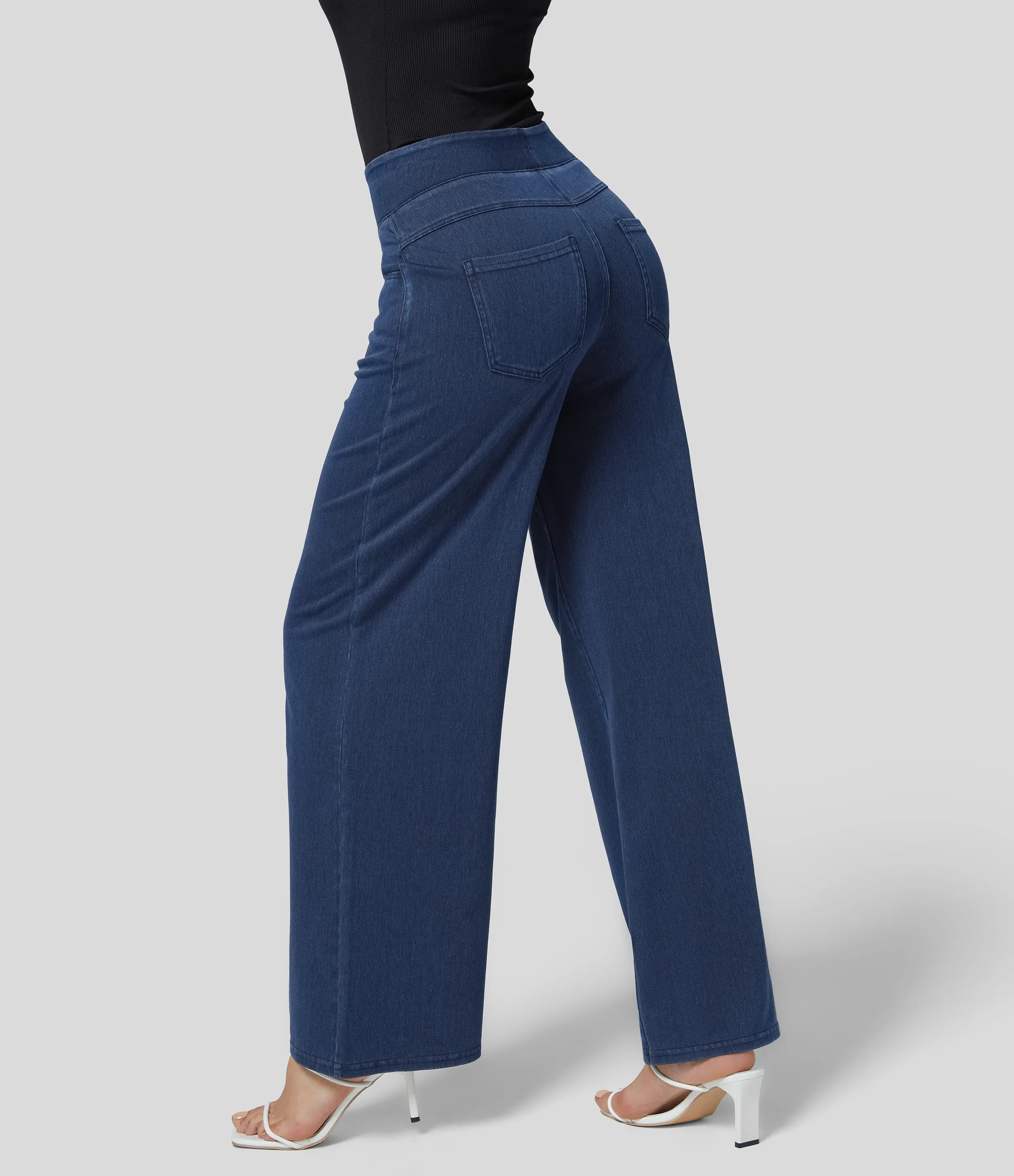 Halara Jeans Halara Flex™ Denim anchos elásticos de tiro alto y holgados con múltiples bolsillos - Washed Denim Navy Blue - S(petite) sold by Halara product image thumbnail 3