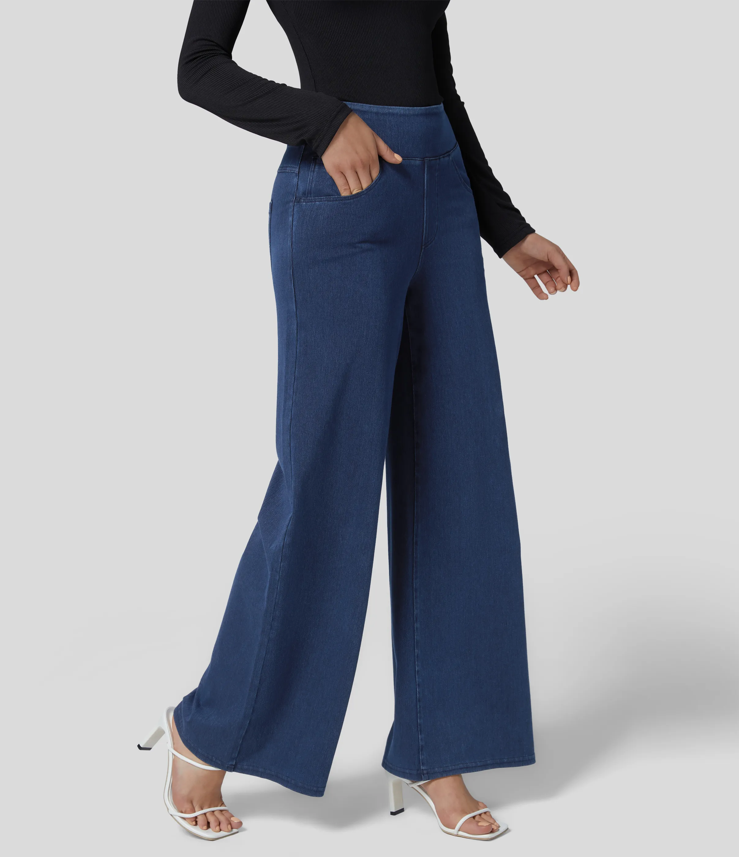 Halara Jeans Halara Flex™ Denim anchos elásticos de tiro alto y holgados con múltiples bolsillos - Washed Denim Navy Blue - S(petite) sold by Halara product image thumbnail 4