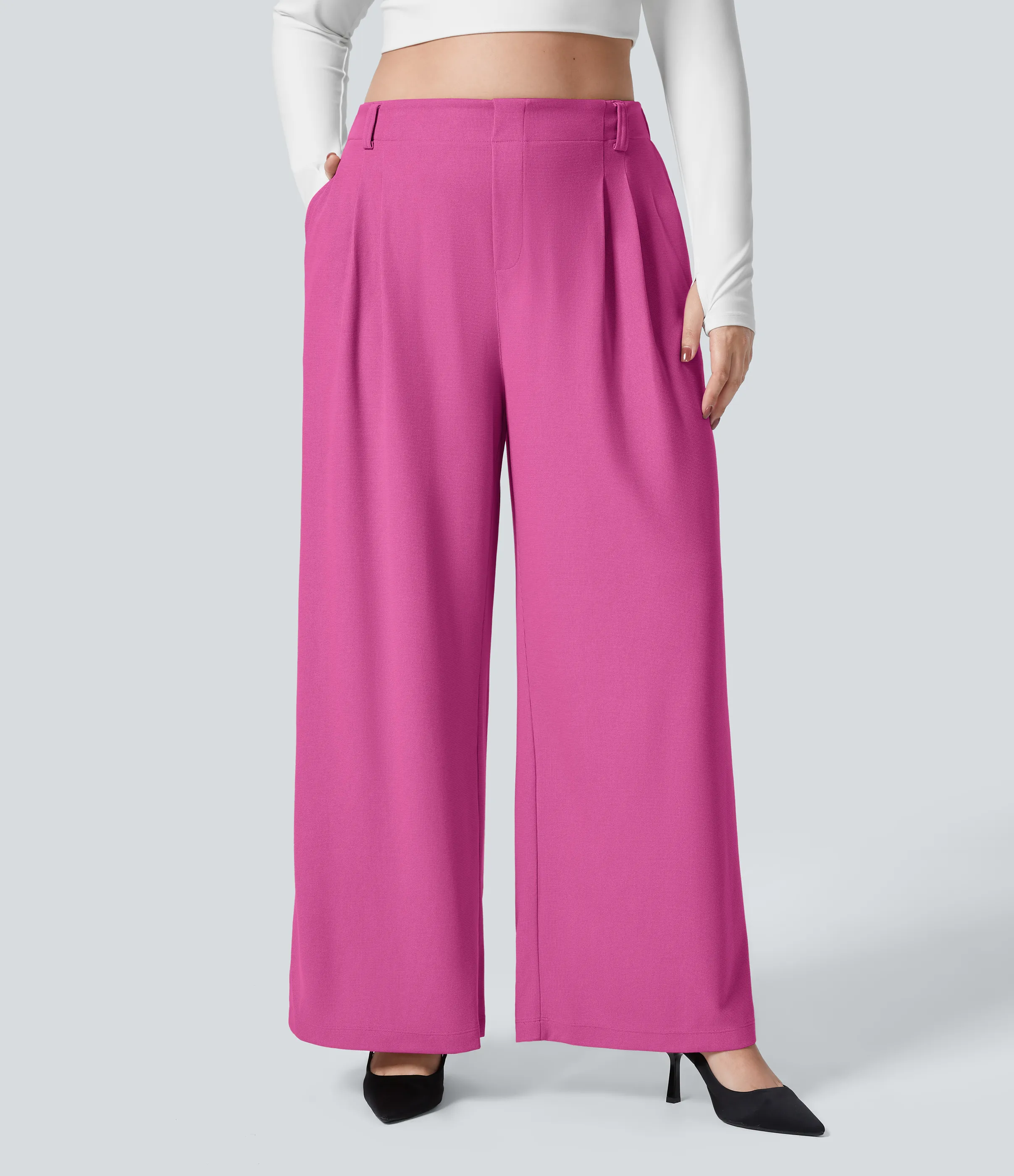 Halara Pantalón Halara Flex™ oficina tiro alto pliegue bolsillo lateral pierna ancha gofre talla grande - Fuchsia Fedora - 3X(regular) sold by Halara product image thumbnail 2