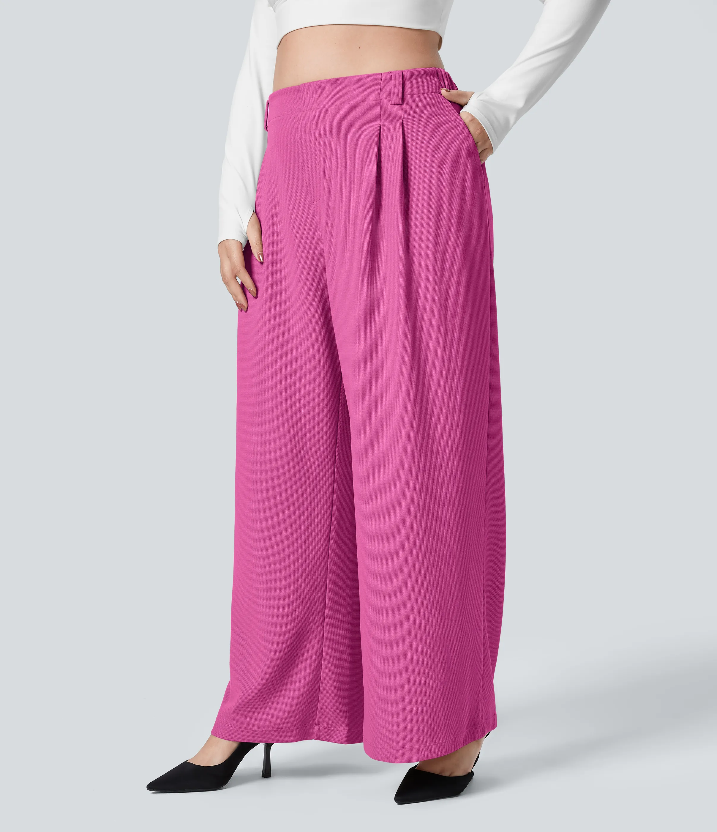 Halara Pantalón Halara Flex™ oficina tiro alto pliegue bolsillo lateral pierna ancha gofre talla grande - Fuchsia Fedora - 3X(regular) sold by Halara product image thumbnail 4