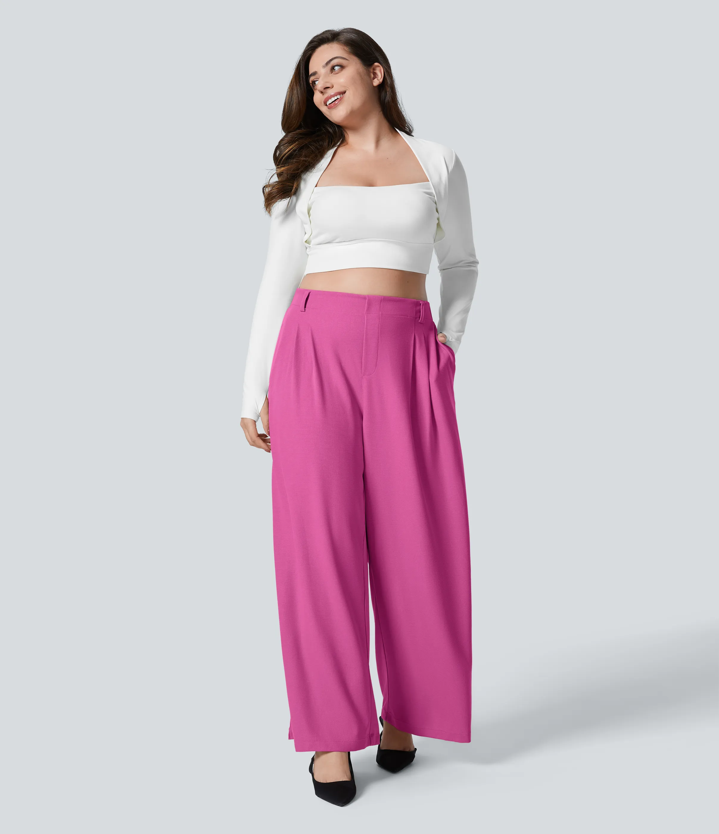 Halara Pantalón Halara Flex™ oficina tiro alto pliegue bolsillo lateral pierna ancha gofre talla grande - Fuchsia Fedora - 3X(regular) sold by Halara product image thumbnail 5