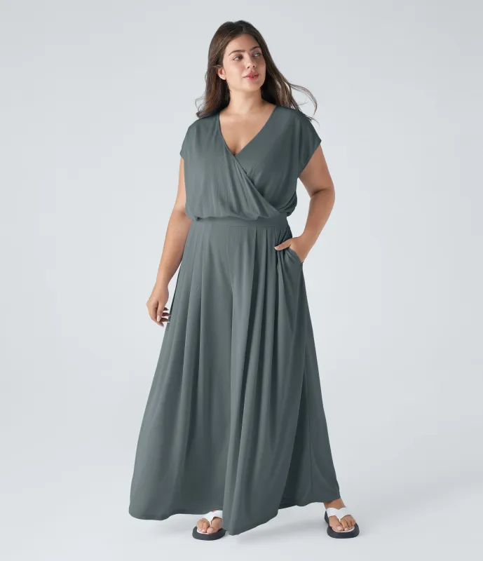 Halara Mono talla grande cuello V manga corta bolsillo lateral plisado pierna ancha gofre fluido - Hurricane Grey - 3X made by Halara