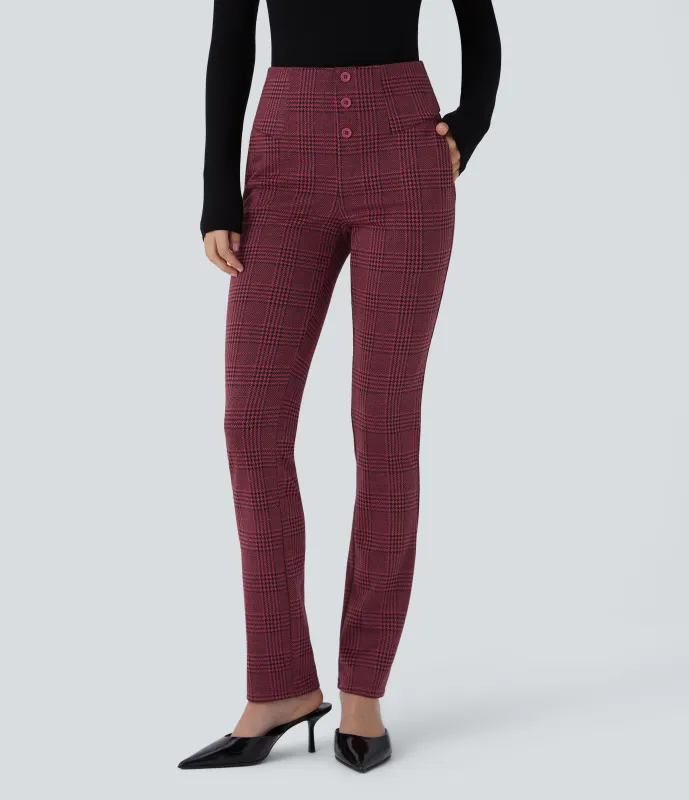 Halara Pantalón Halara Flex™ oficina ajustado pata gallo bolsillo lateral botón decorativo tiro alto - Burgundy Houndstooth Pattern - M(regular) made by Halara