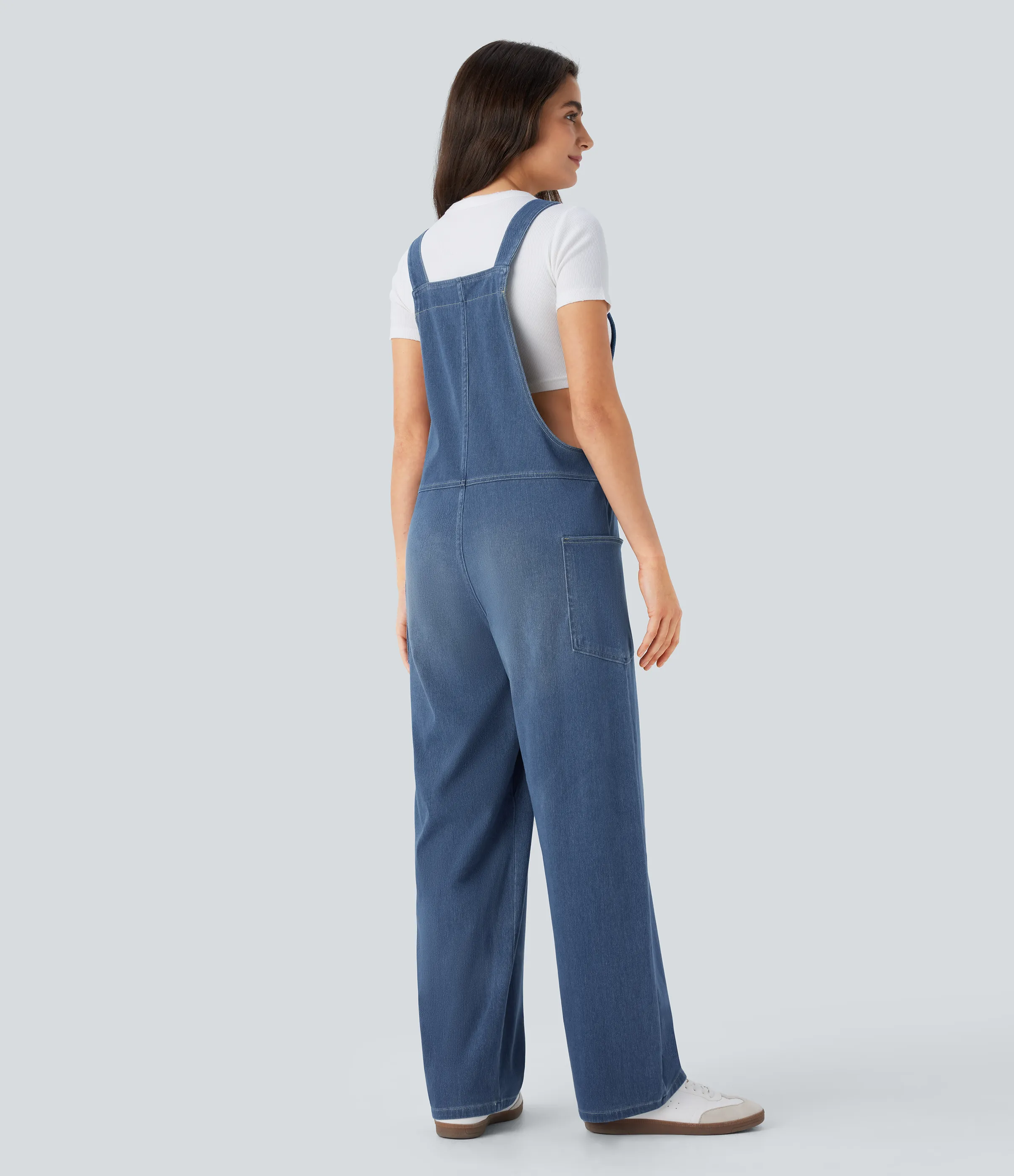 Halara Overol Halara Flex™ Denim mezclilla elástico lavado bolsillo lateral cuello V - Light Floral Blue Denim - M(petite) sold by Halara product image thumbnail 3