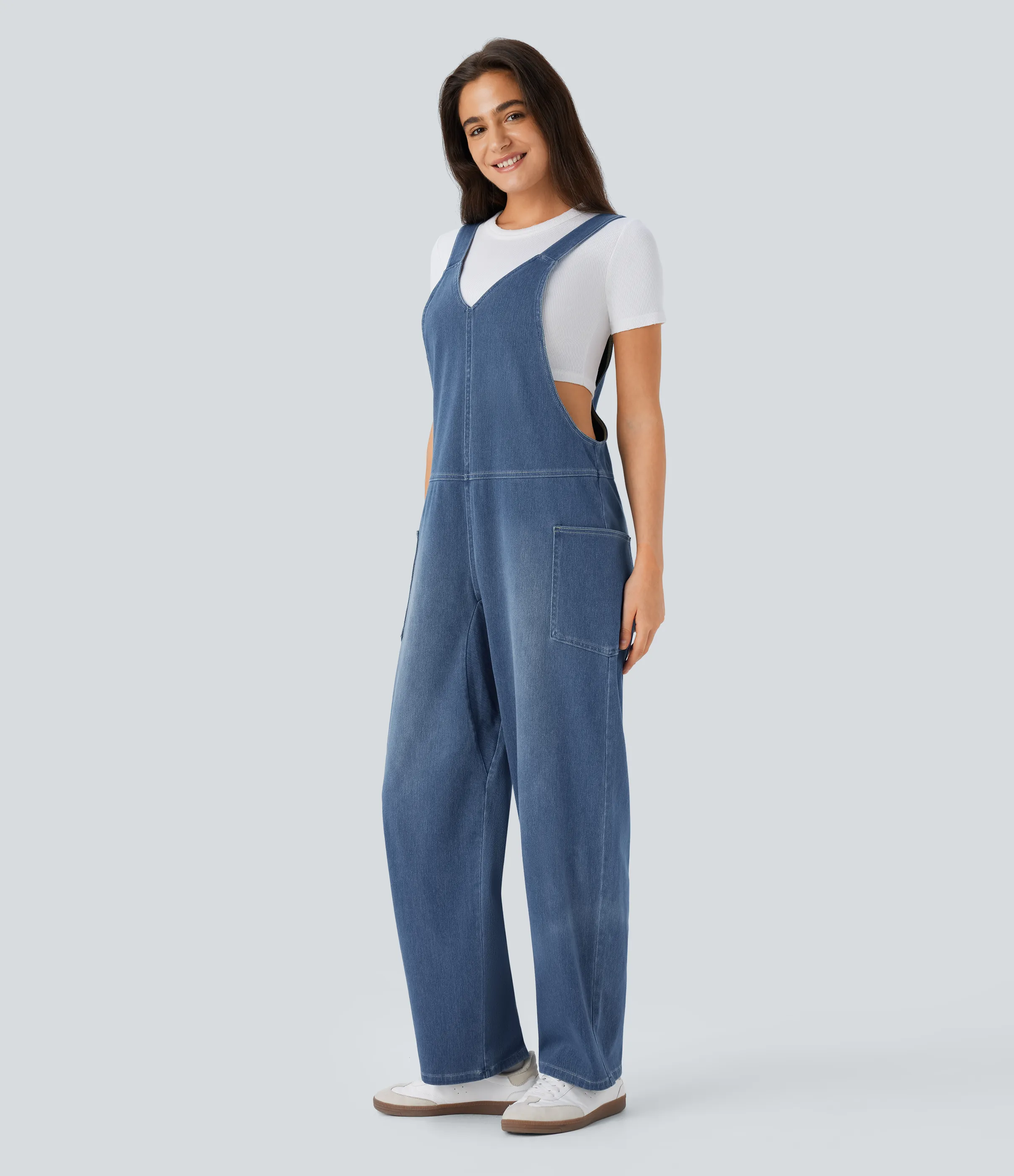 Halara Overol Halara Flex™ Denim mezclilla elástico lavado bolsillo lateral cuello V - Light Floral Blue Denim - M(petite) sold by Halara product image thumbnail 4