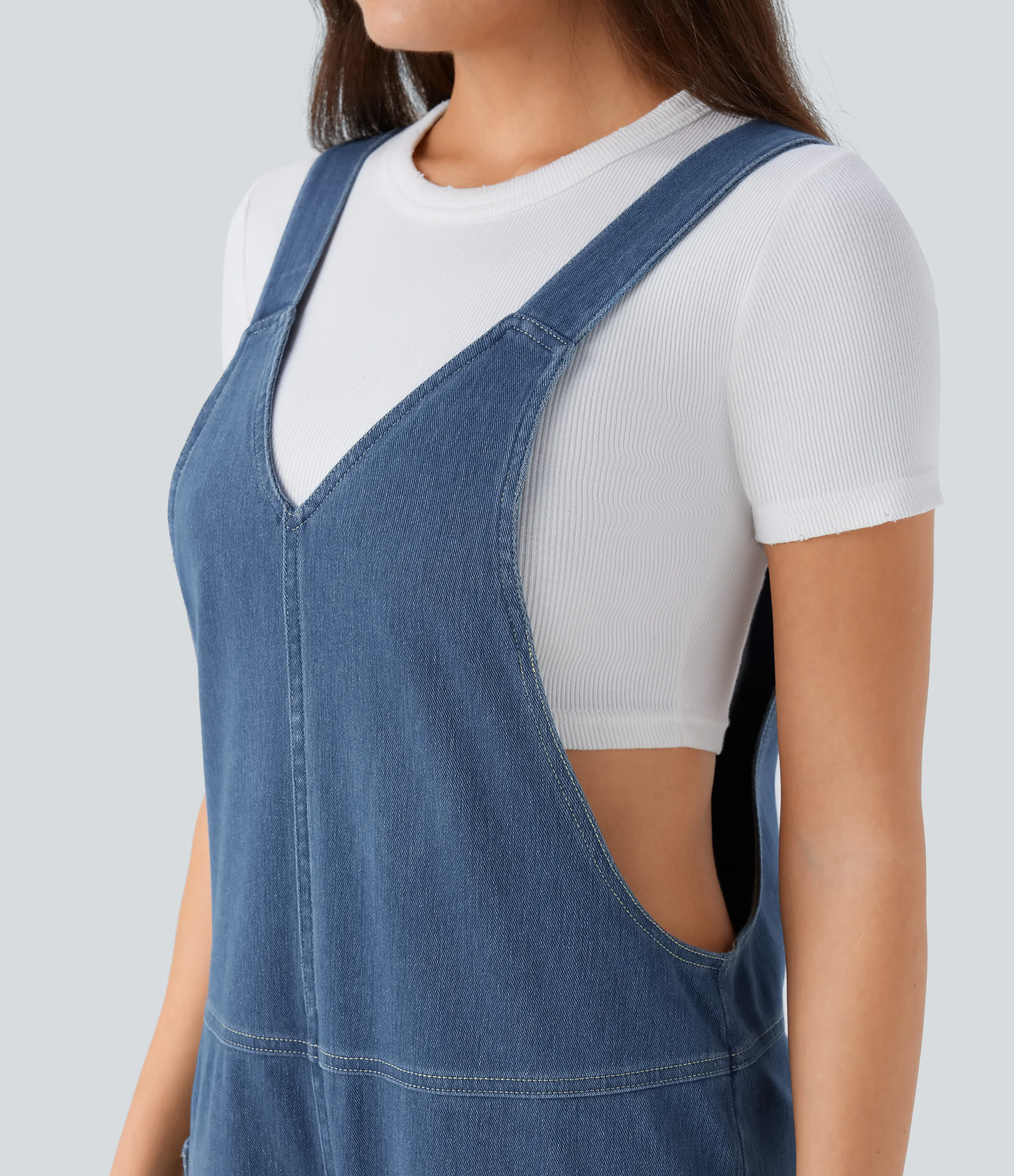 Halara Overol Halara Flex™ Denim mezclilla elástico lavado bolsillo lateral cuello V - Light Floral Blue Denim - M(petite) sold by Halara product image thumbnail 5