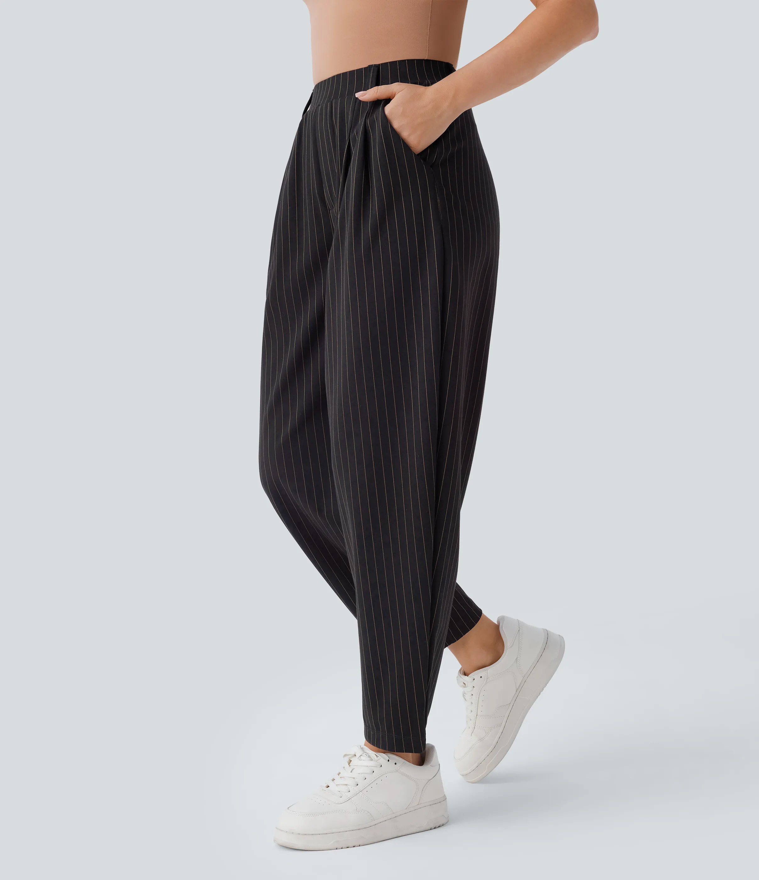 Halara Pantalón oficina rayas tacto frío pierna acampanada bolsillo lateral tiro medio - Black Brown Black Pinstripe - XL(regular) sold by Halara product image thumbnail 2