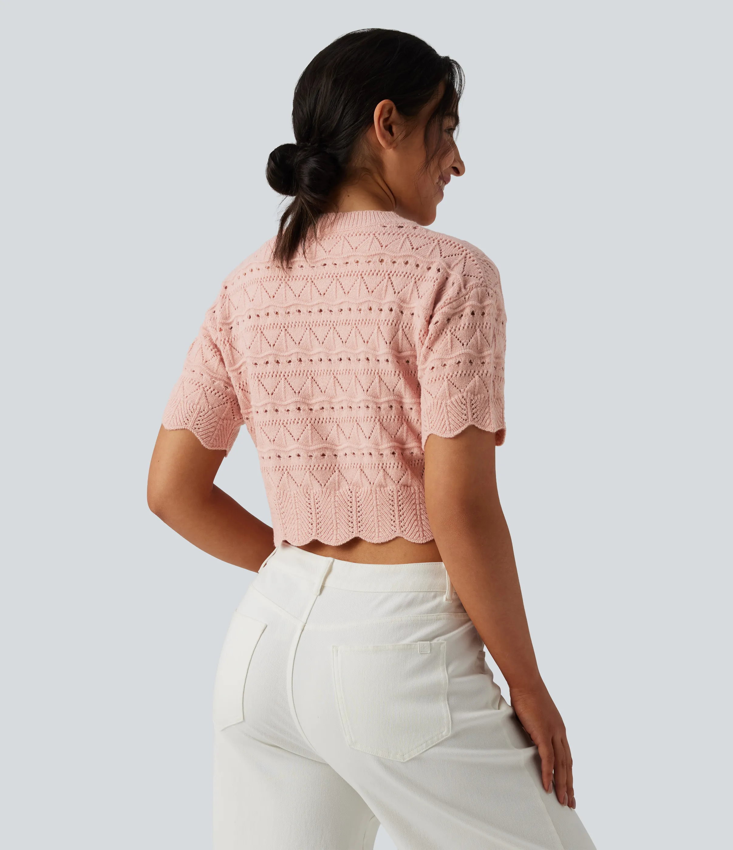 Halara Suéter abierto dobladillo festoneado manga corta cuello redondo - Silver Peony - L sold by Halara product image thumbnail 3