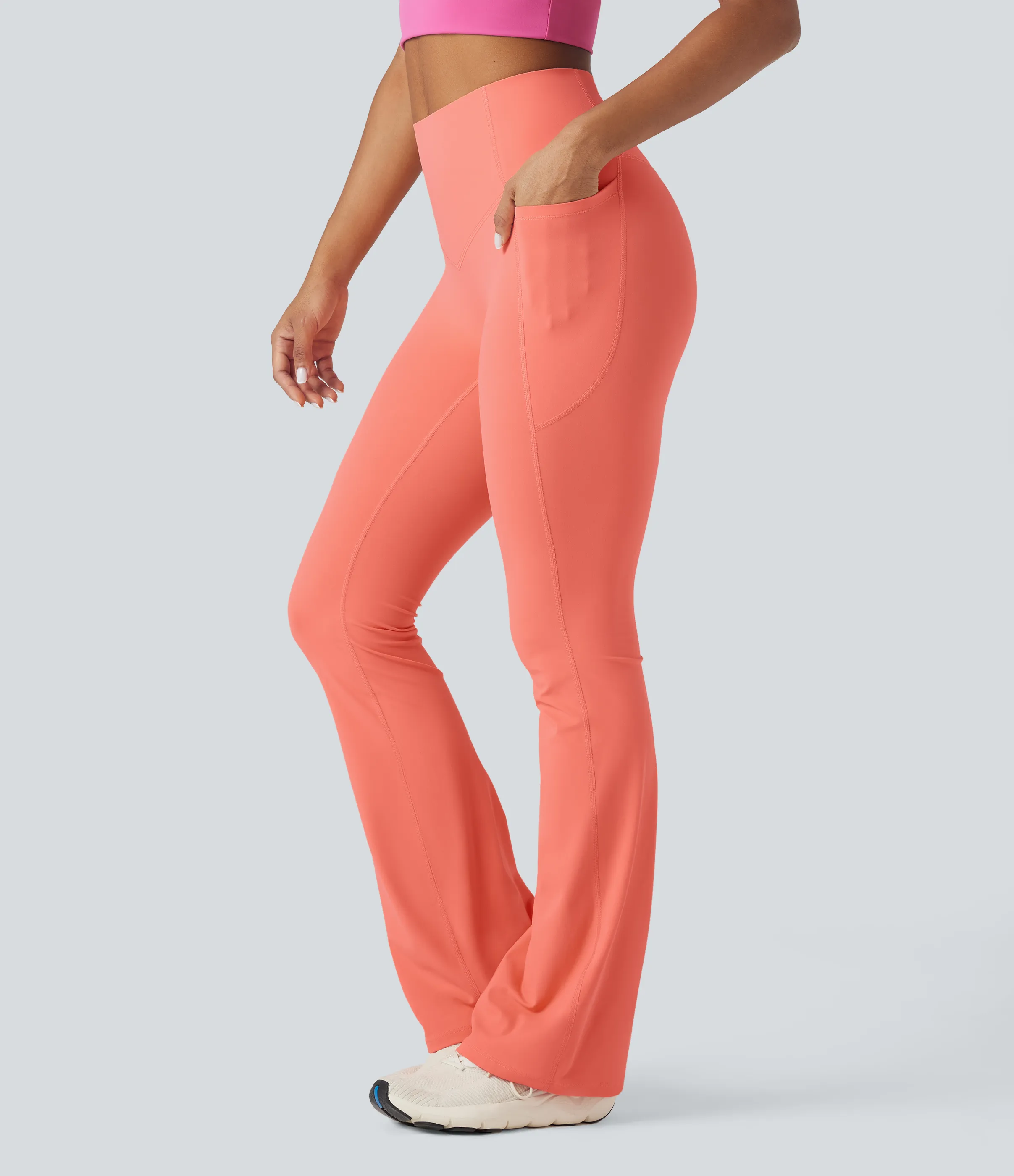 Halara Leggings SoCinched UltraSculpt yoga Bootcut tiro alto control abdomen bolsillo lateral moldeador - Fusion Coral - XL(regular) sold by Halara