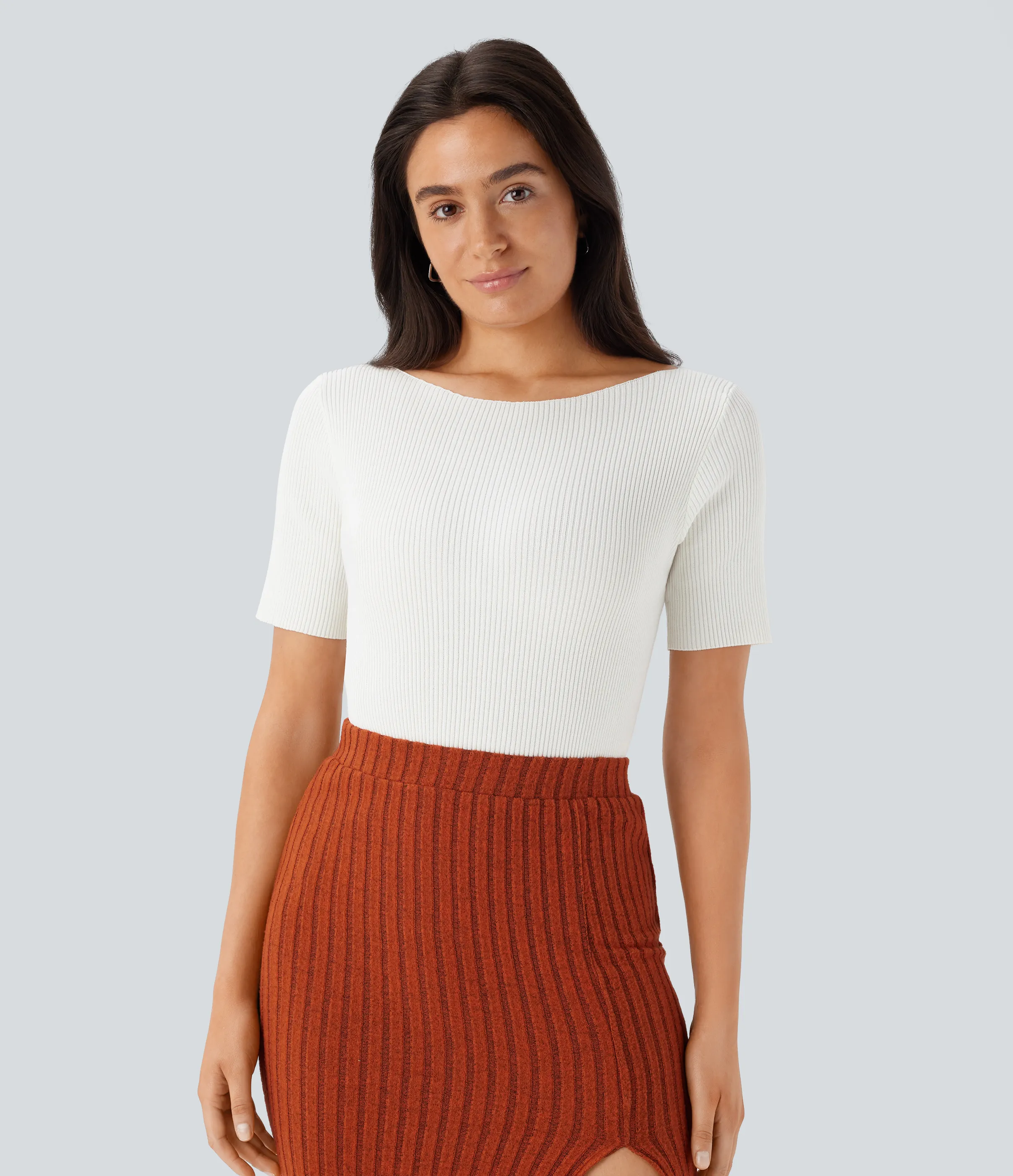 Halara Suéter oficina ajustado manga corta cuello barco - White - XL sold by Halara