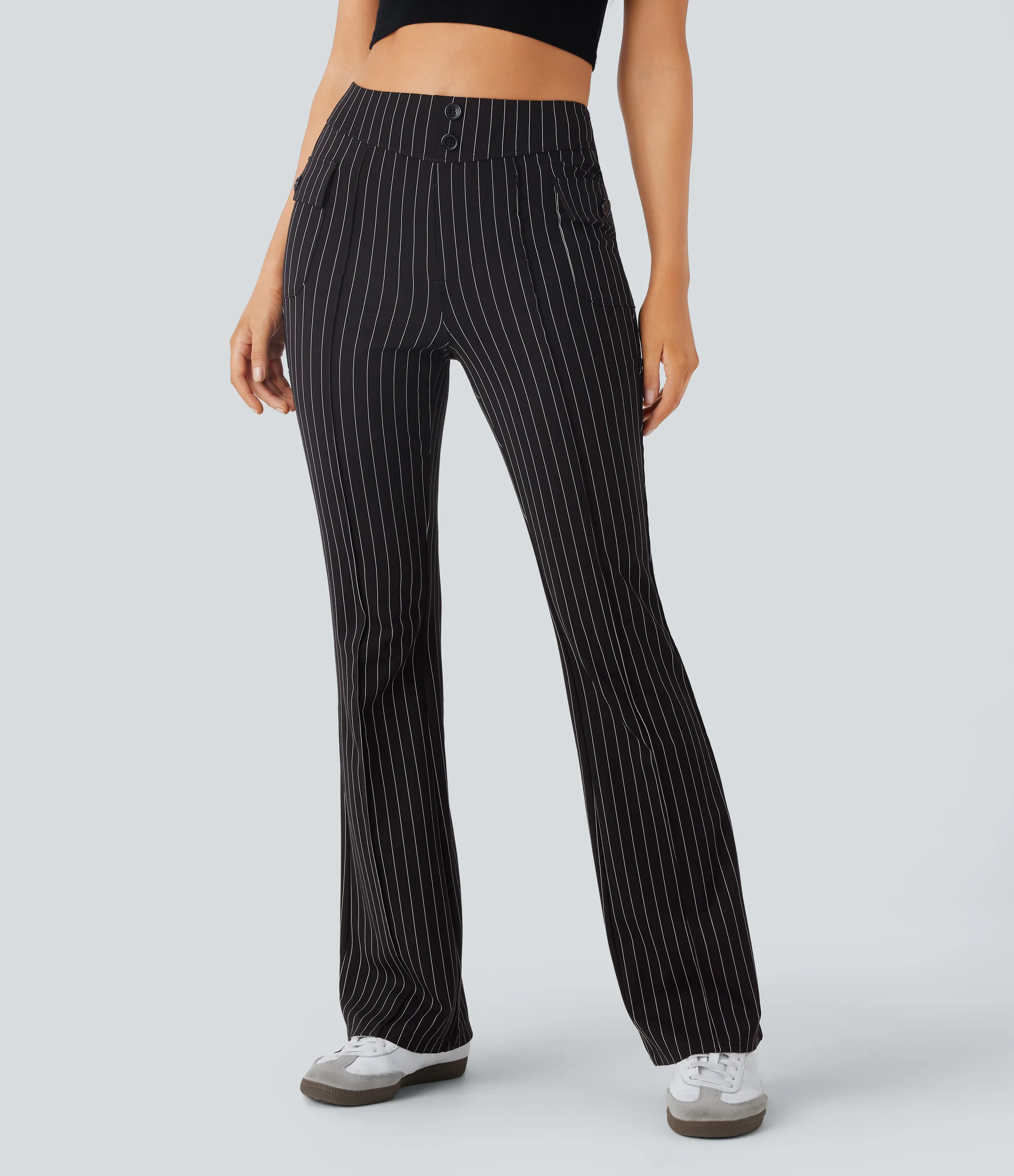 Halara Pantalón acampanado tiro alto bolsillo solapa raya tacto fresco - Black White Pinstripe - XL(regular) sold by Halara product image thumbnail 2