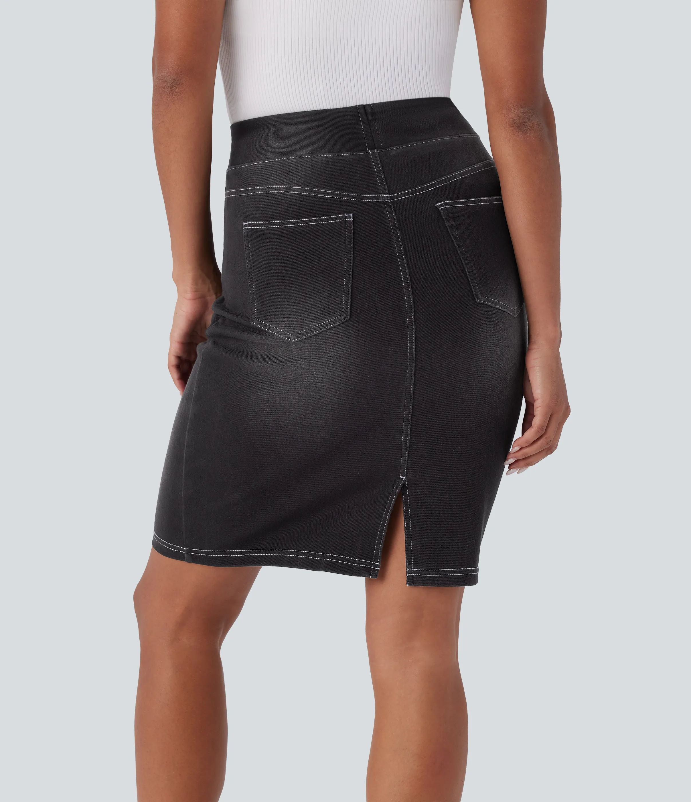 Halara Falda Halara Flex™ Denim mezclilla elástico lavada dividida múltiple bolsillo tiro alto - Carbon Paint Denim - XS(regular) sold by Halara product image thumbnail 3