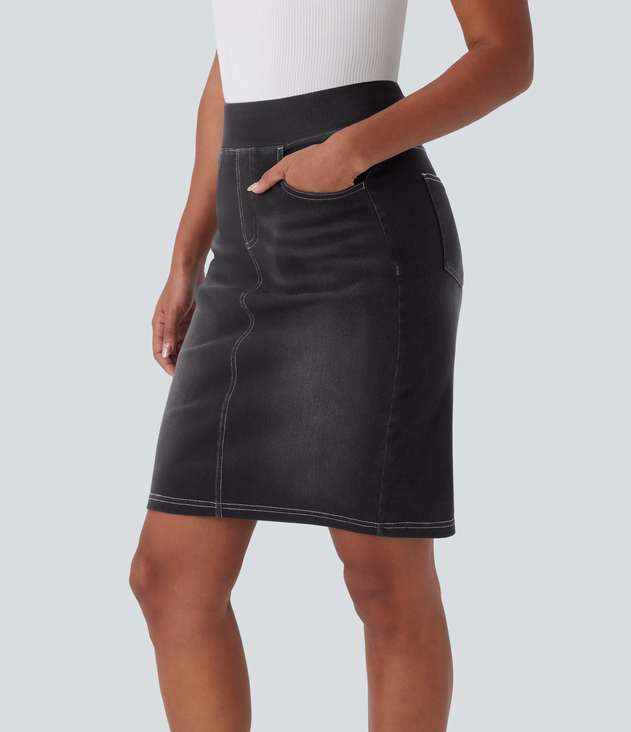 Halara Falda Halara Flex™ Denim mezclilla elástico lavada dividida múltiple bolsillo tiro alto - Carbon Paint Denim - XS(regular) sold by Halara product image thumbnail 4