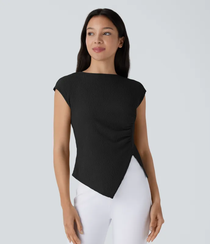 Halara Blusa cuello oblicuo manga corta fruncido dobladillo asimétrico dividido - Black - S made by Halara