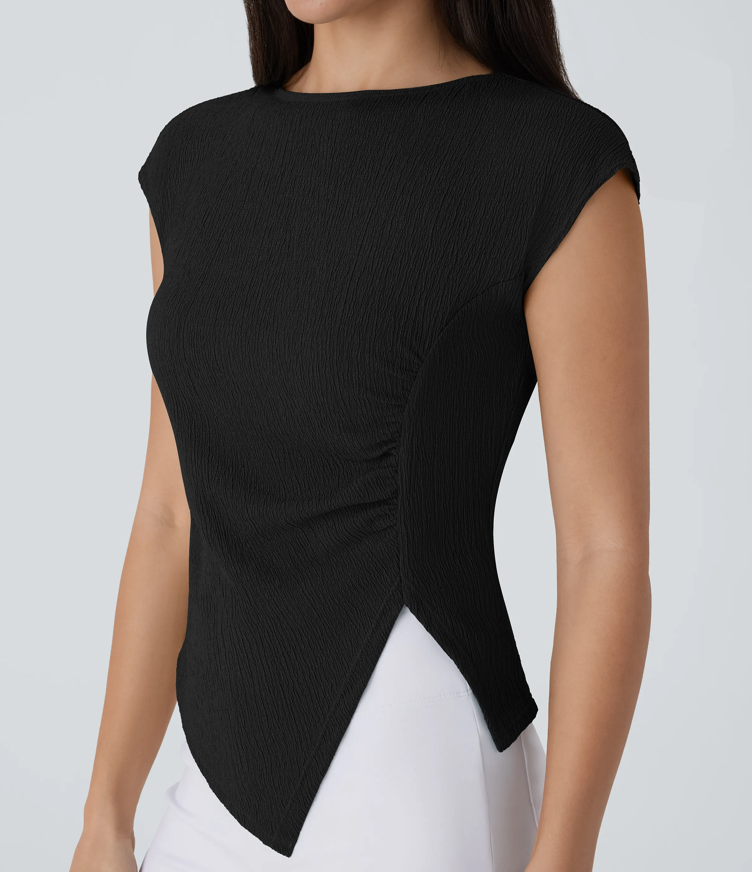 Halara Blusa cuello oblicuo manga corta fruncido dobladillo asimétrico dividido - Black - S sold by Halara product image thumbnail 5