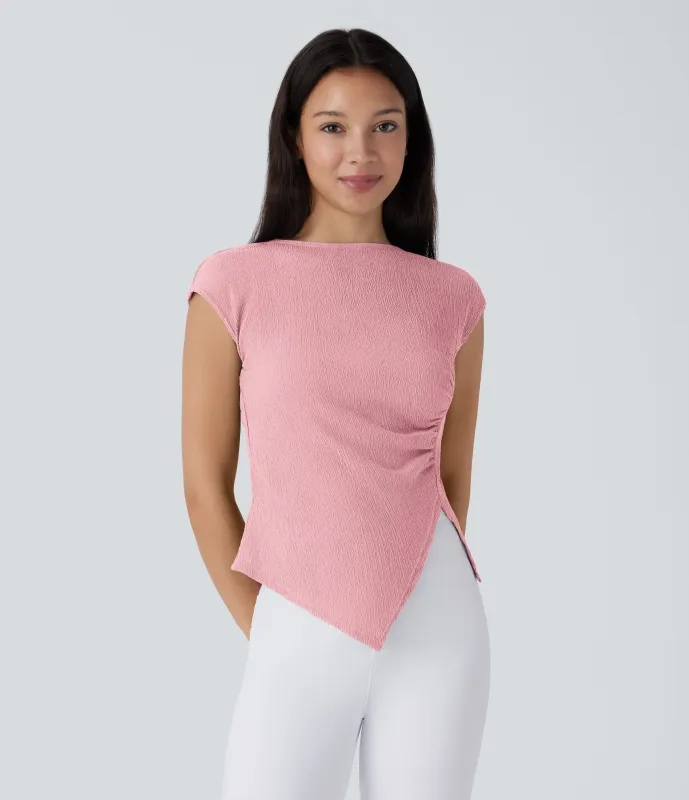 Halara Blusa cuello oblicuo manga corta fruncido dobladillo asimétrico dividido - Bridal Rose - S sold by Halara