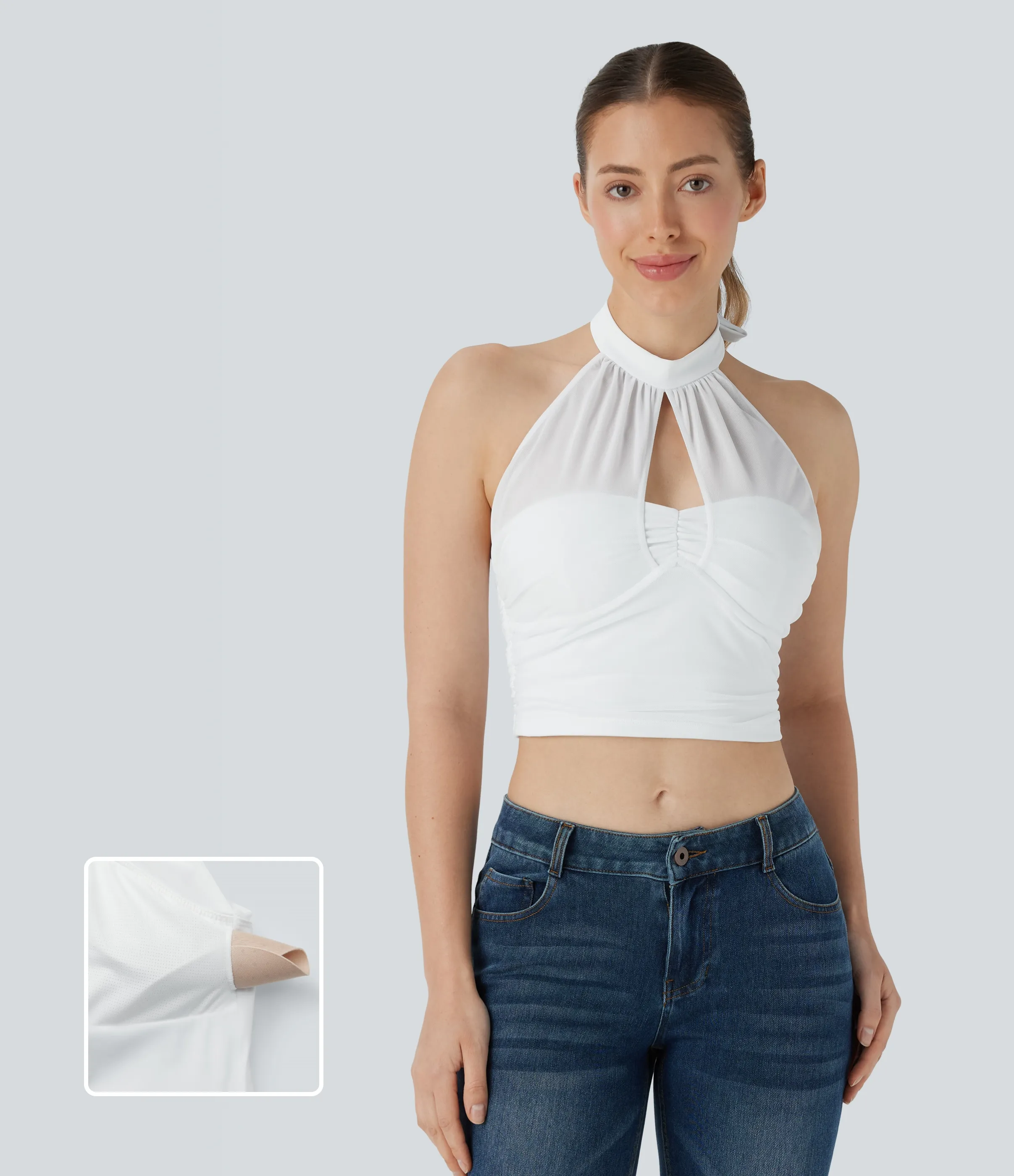 Halara Top corto malla contrastante cuello halter sin espalda lazo - White - L sold by Halara product image thumbnail 2