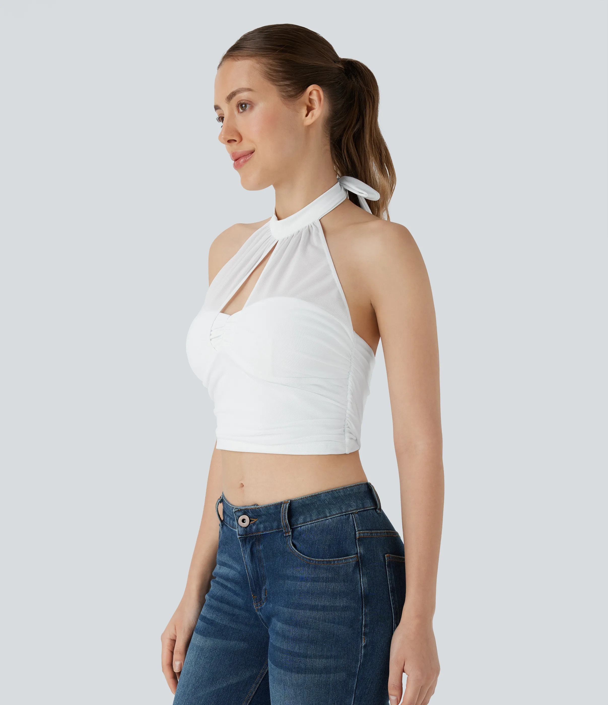 Halara Top corto malla contrastante cuello halter sin espalda lazo - White - L sold by Halara product image thumbnail 4