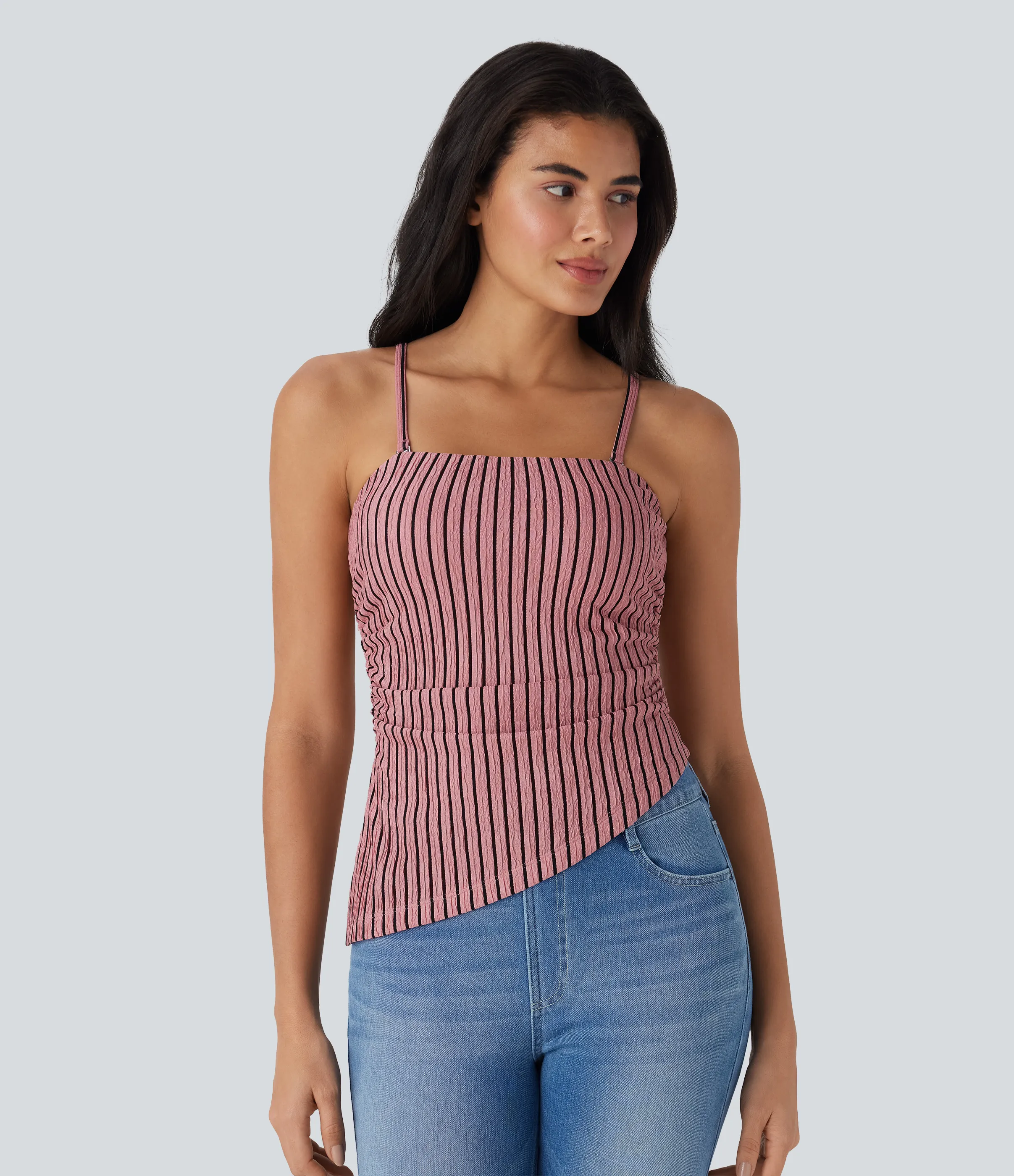Halara Top casual a rayas con forma asimétrica y tirantes extraíbles - Candy Pink Black Stripes - M sold by Halara product image thumbnail 4