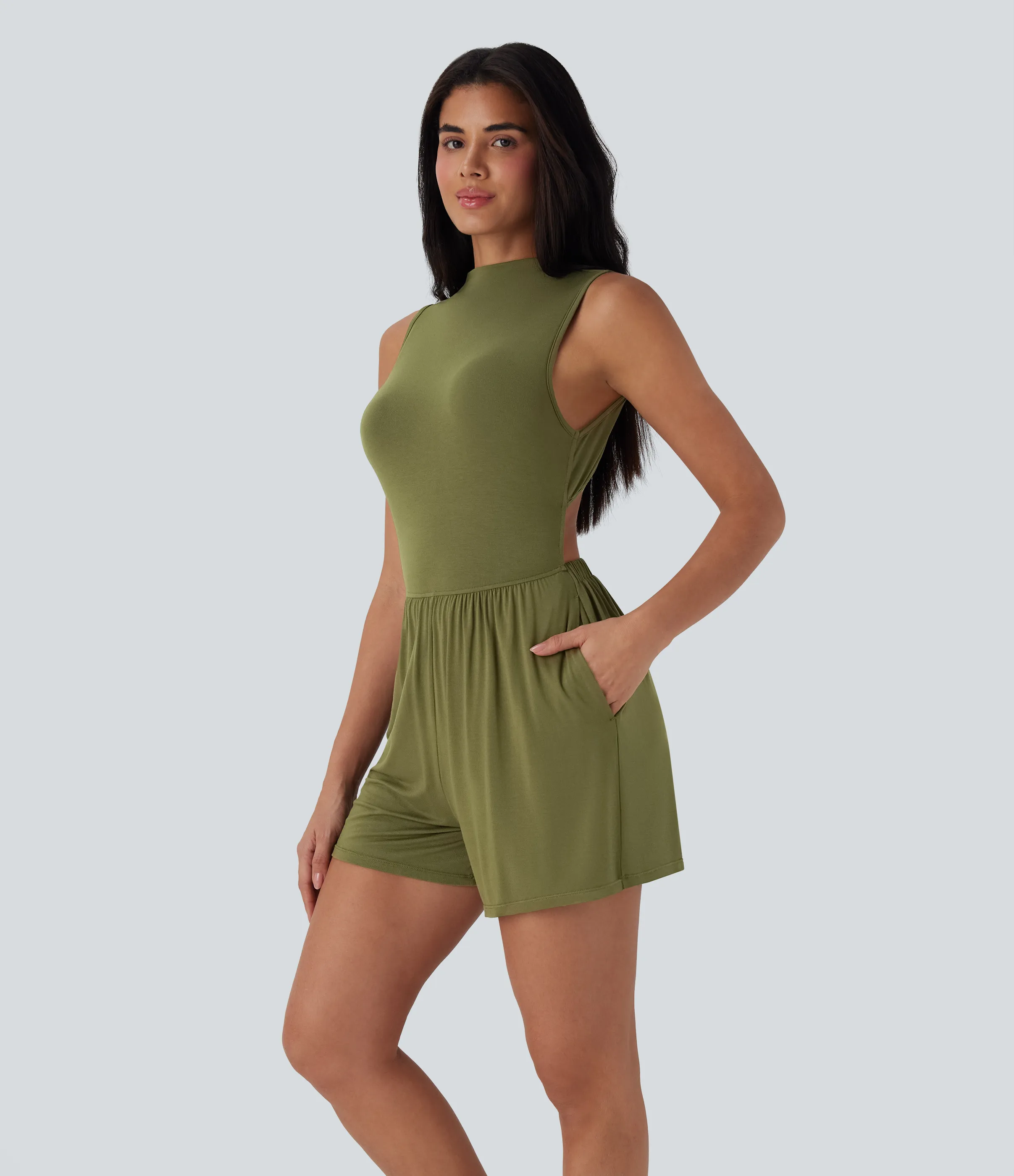 Halara Mono casual sin mangas con cuello alto y espalda descubierta con bolsillos - Easy Peezy - Olive Drab - M sold by Halara product image thumbnail 4
