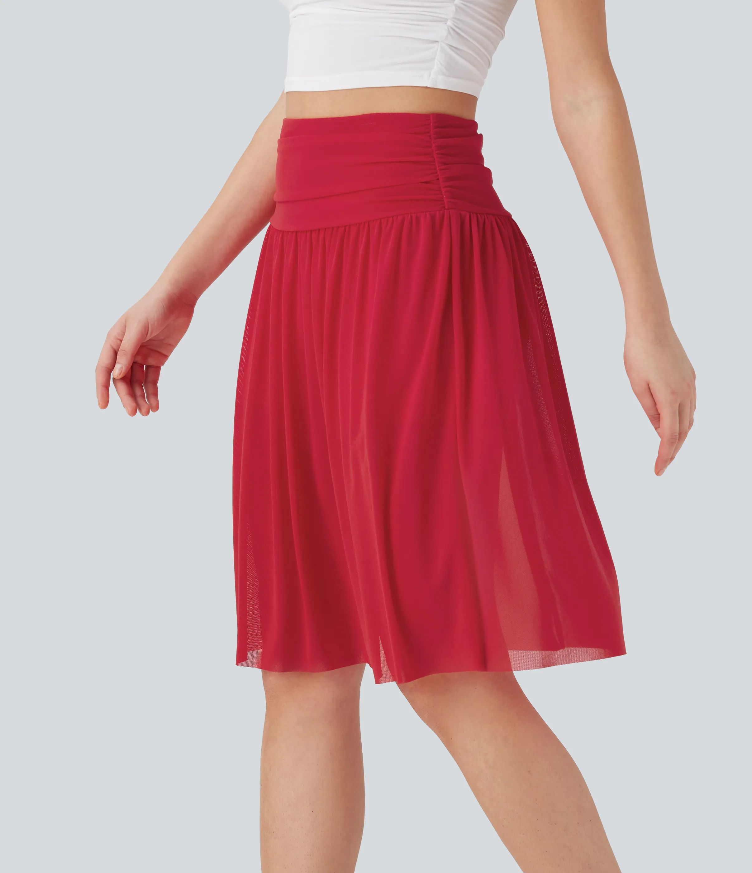 Halara Falda midi casual 2 en 1 holgada de tiro alto fruncido con malla en contraste y bolsillos laterales - Ribbon Red - XS(regular) sold by Halara product image thumbnail 4