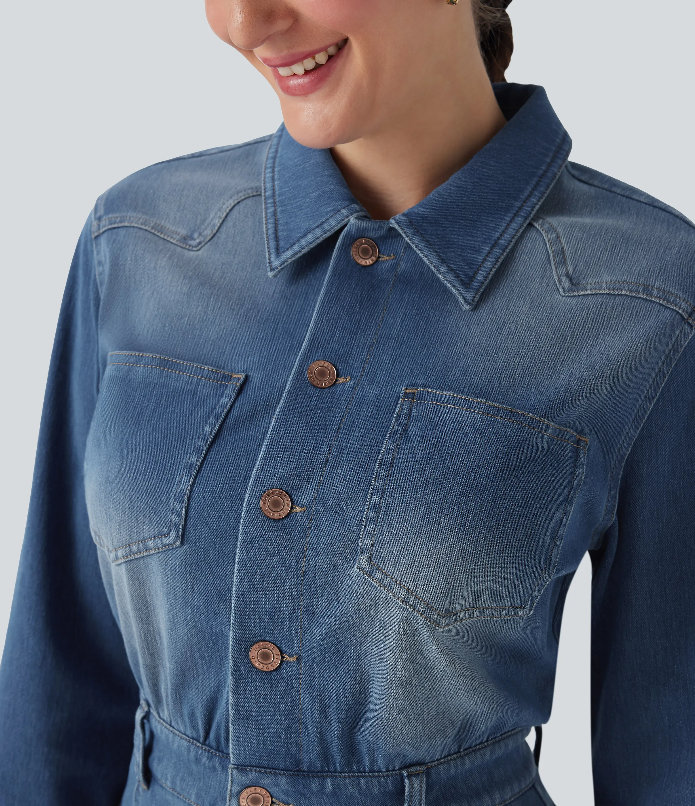 Halara Vestido camisero casual midi Halara Flex™ de manga larga de mezclilla con bolsillos - Tide Blue Denim - S sold by Halara product image thumbnail 5