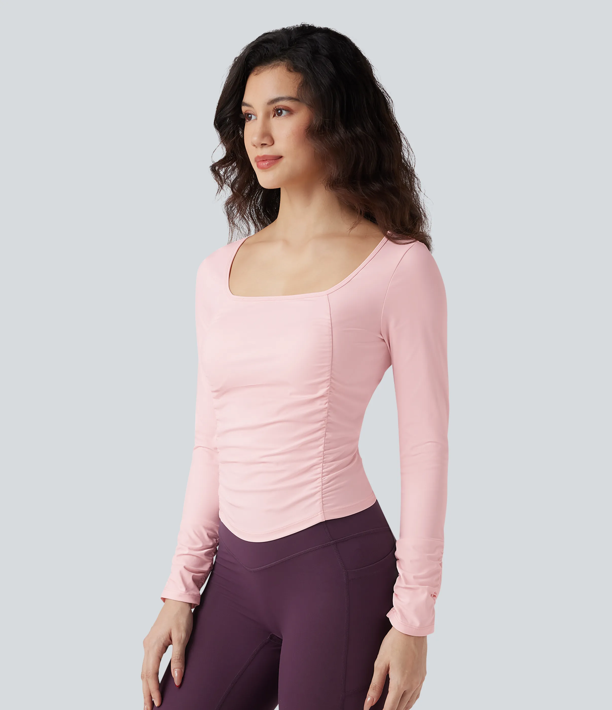 Halara Top deportivo de entrenamiento SoftlyZero™ con cuello cuadrado de manga larga con fruncido y tacto fresco - Primrose Pink - XL sold by Halara product image thumbnail 4