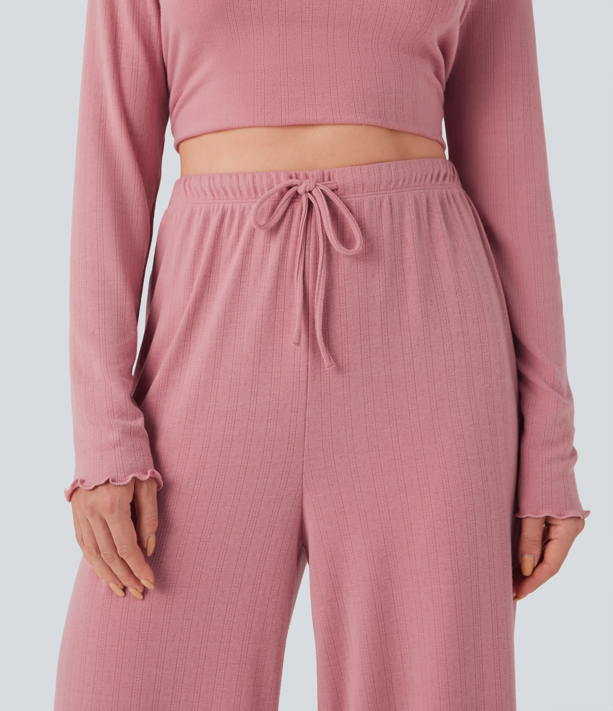 Halara Pantalones de salón de punto con tiro alto, cordón ajustable y pierna recta con ribete - Rose Elegance - XL(regular) sold by Halara product image thumbnail 5