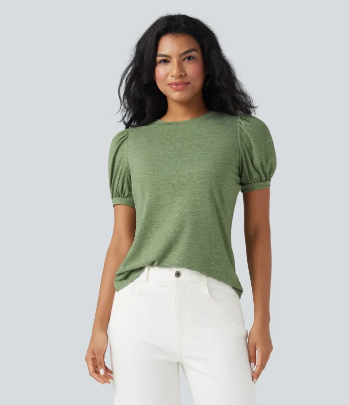 Halara Top casual de cuello redondo y manga corta abullonada - Light Green Floral Yarn - XS made by Halara