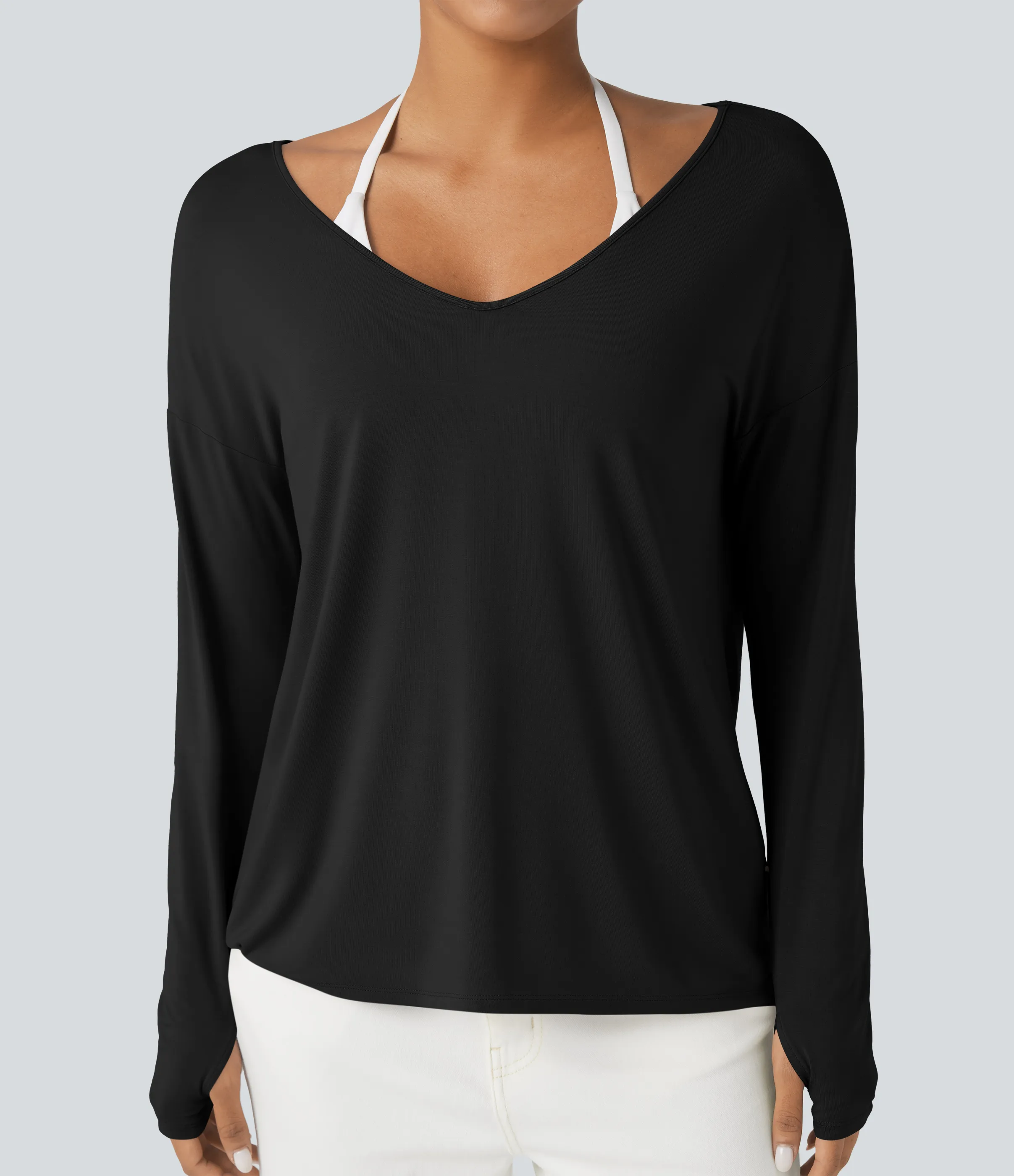 Halara Camiseta holgada de manga larga con escote en V profundo y aberturas para los pulgares (uso frontal y posterior) - Black - XS sold by Halara product image thumbnail 5