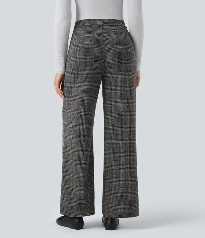 Halara Pantalones de oficina rectos Halara Flex™ de tiro alto con de pata de gallo y bolsillos - Dark Gray Plaid - XS(regular) sold by Halara