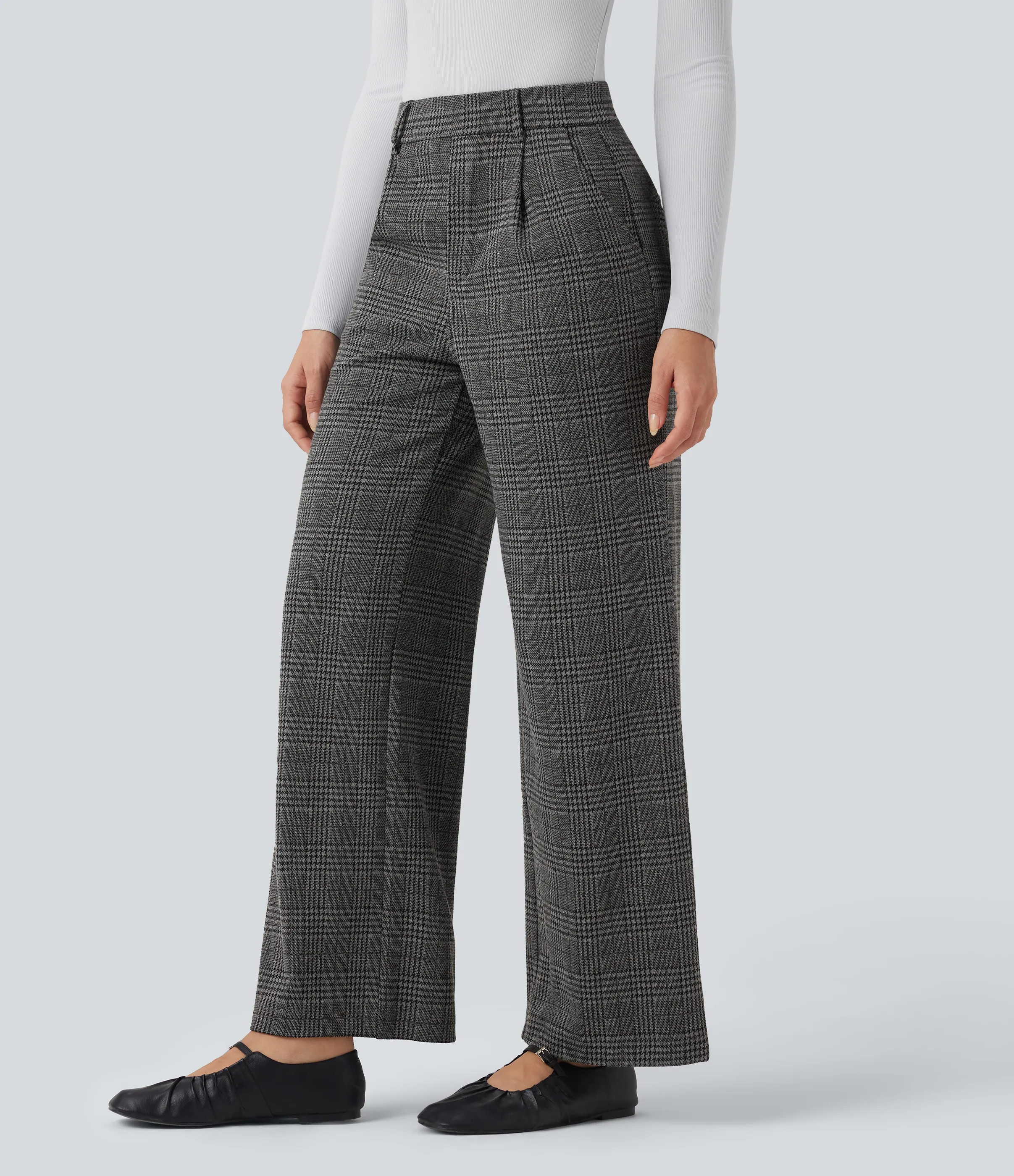 Halara Pantalones de oficina rectos Halara Flex™ de tiro alto con de pata de gallo y bolsillos - Dark Gray Plaid - XS(regular) sold by Halara product image thumbnail 4