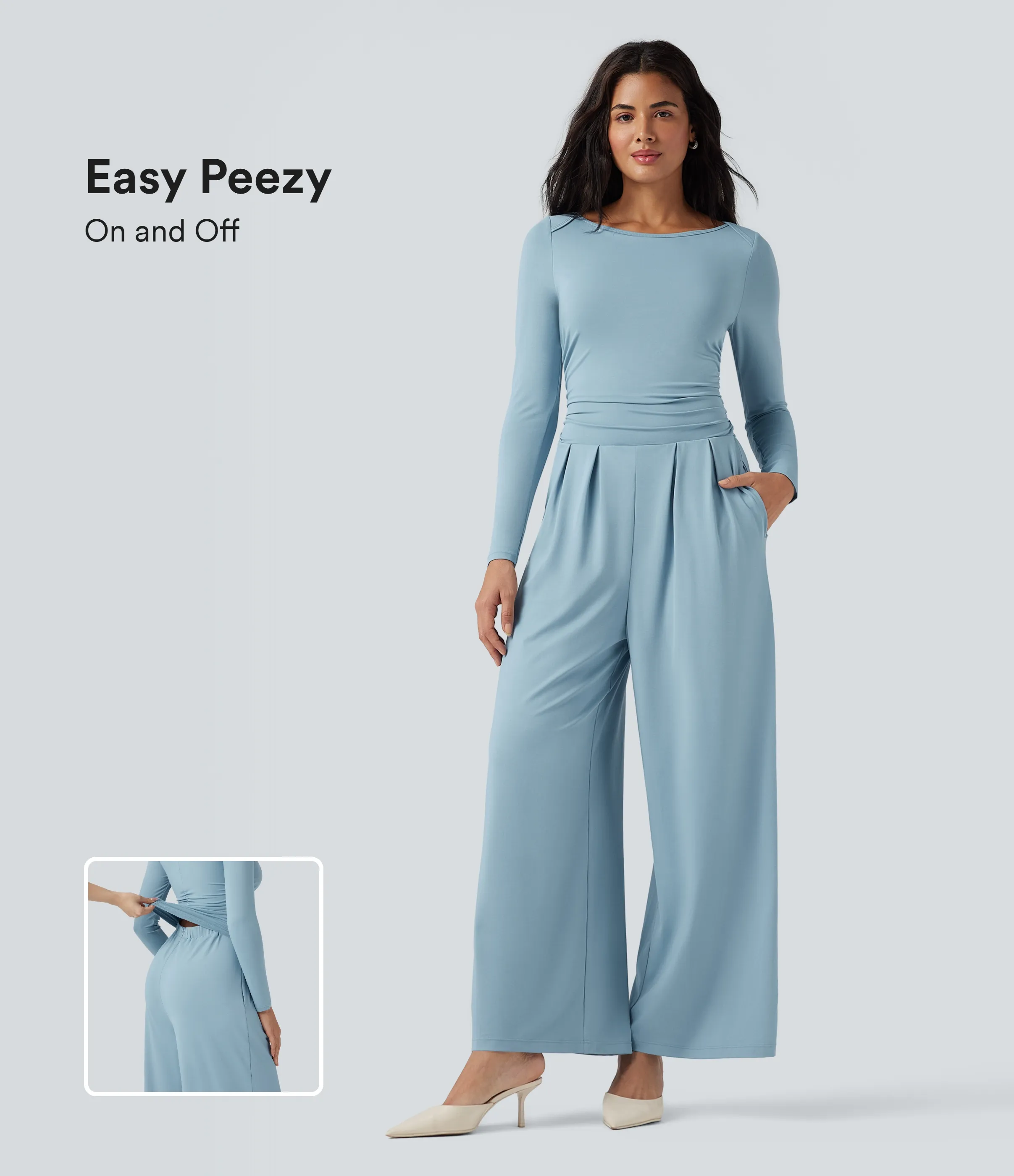 Halara Jumpsuit casual ancho de cuello barco y manga larga con bolsillos (edición Easy Peezy) - Moon ice blue - S(regular) sold by Halara product image thumbnail 2
