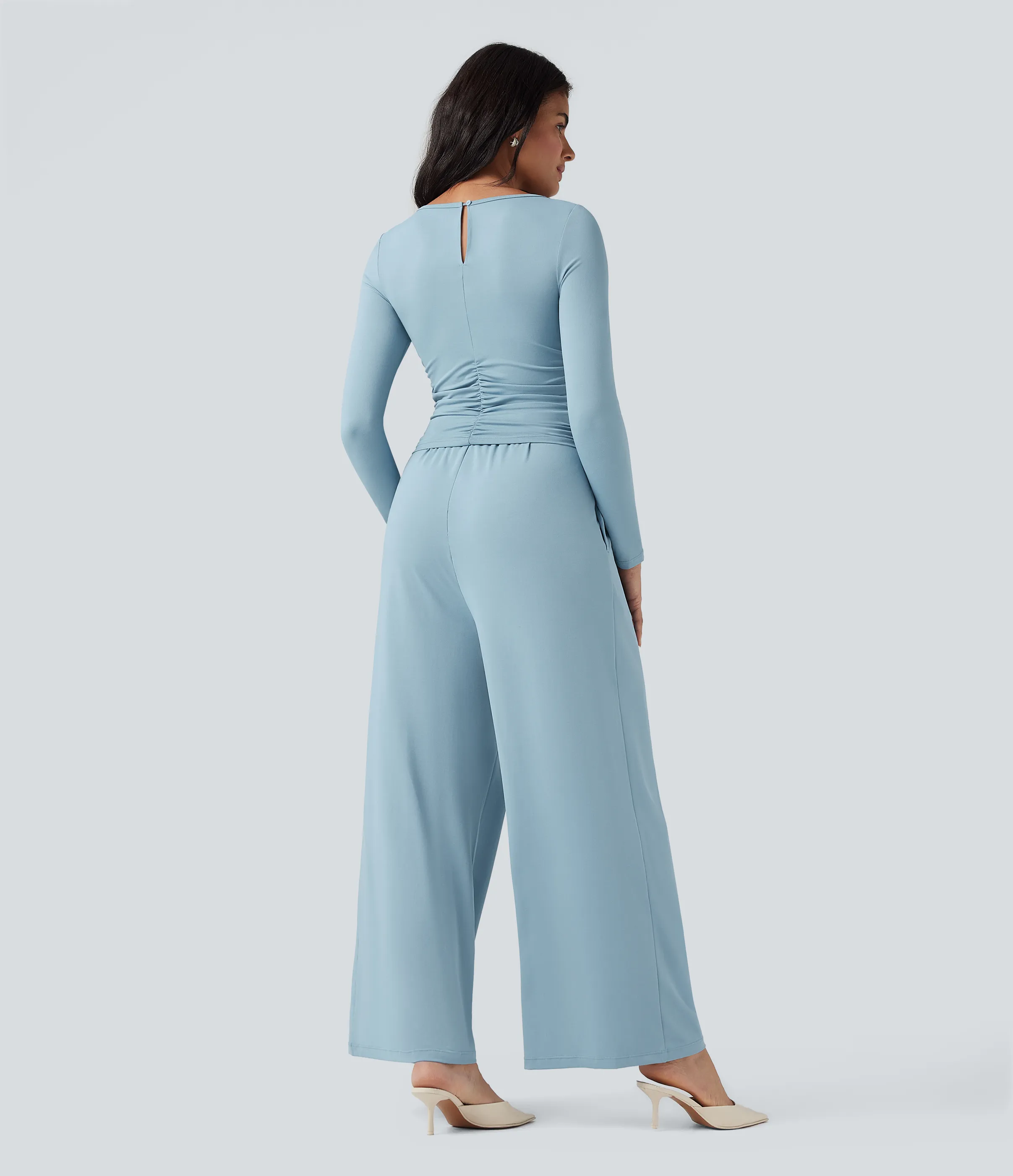 Halara Jumpsuit casual ancho de cuello barco y manga larga con bolsillos (edición Easy Peezy) - Moon ice blue - S(regular) sold by Halara product image thumbnail 3