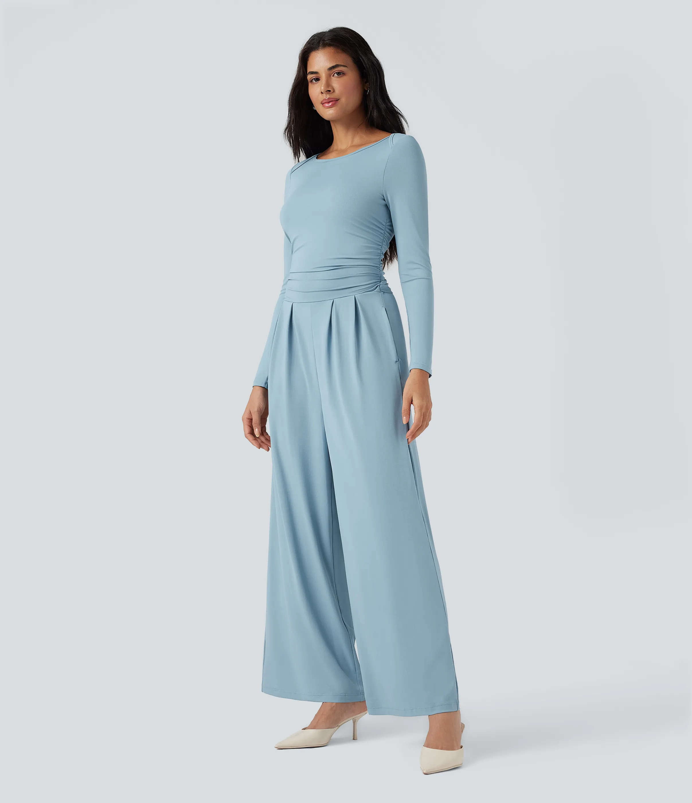 Halara Jumpsuit casual ancho de cuello barco y manga larga con bolsillos (edición Easy Peezy) - Moon ice blue - S(regular) sold by Halara product image thumbnail 4