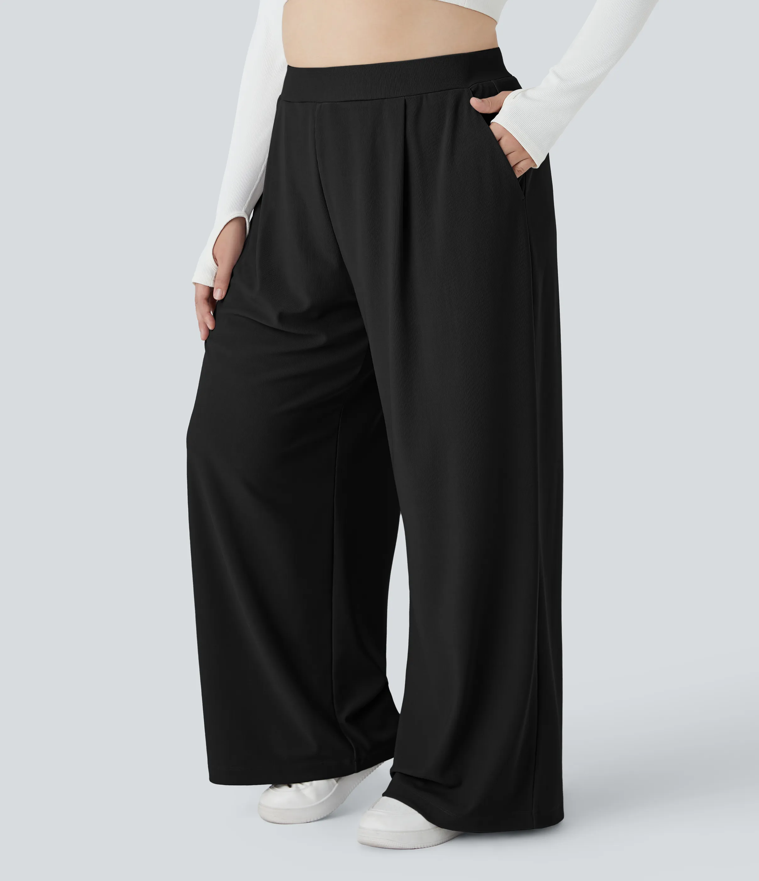 Halara Pantalón Halara Flex™ oficina tiro alto control abdomen adelgazan tiro bolsillo lateral pierna ancha microgofre talla grande - Black - 3X(regular) sold by Halara product image thumbnail 2