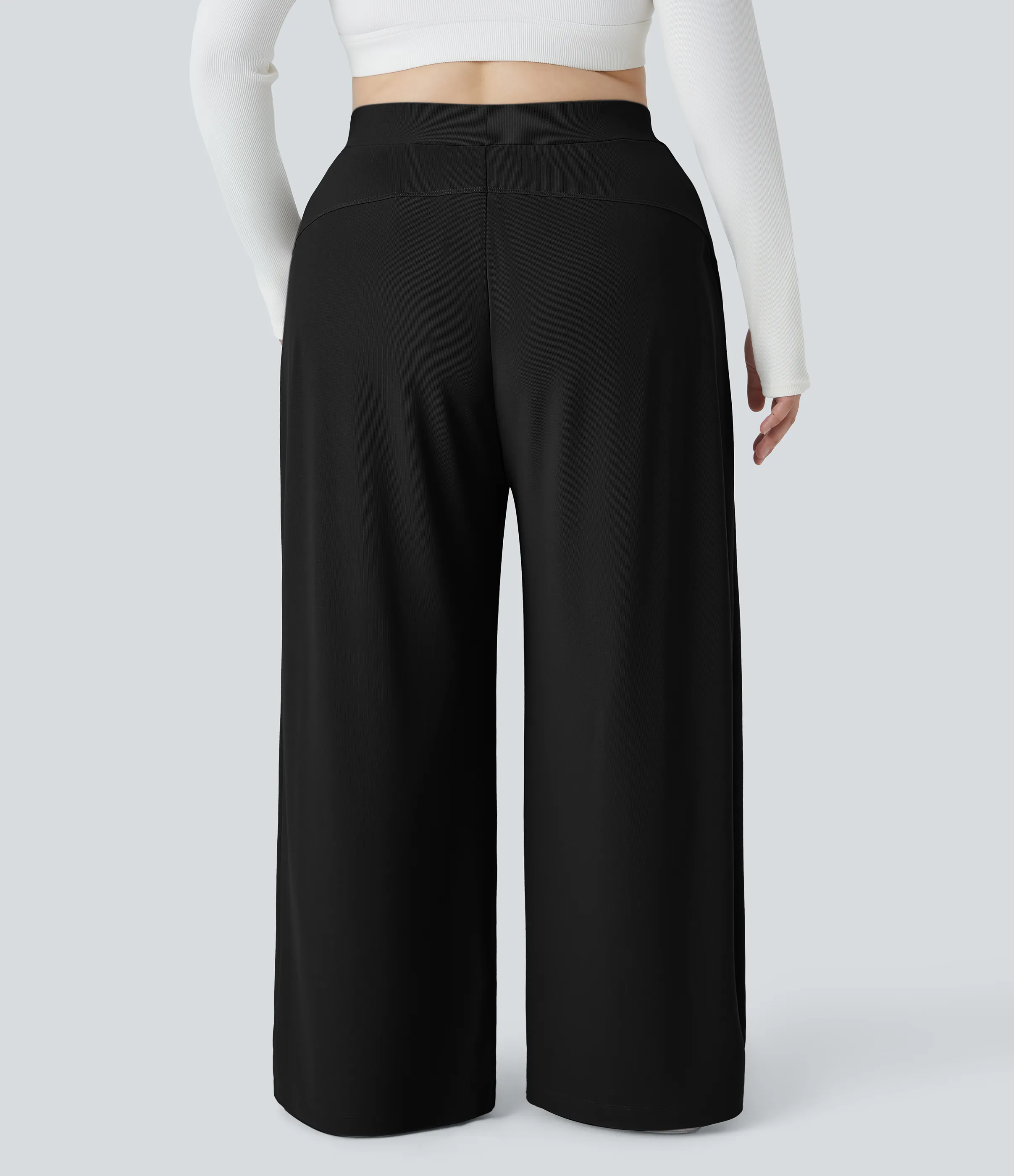 Halara Pantalón Halara Flex™ oficina tiro alto control abdomen adelgazan tiro bolsillo lateral pierna ancha microgofre talla grande - Black - 3X(regular) sold by Halara product image thumbnail 3